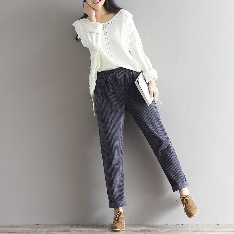 2021 large size women's art Fan Xian thin corduroy pants autumn and winter loose casual trousers