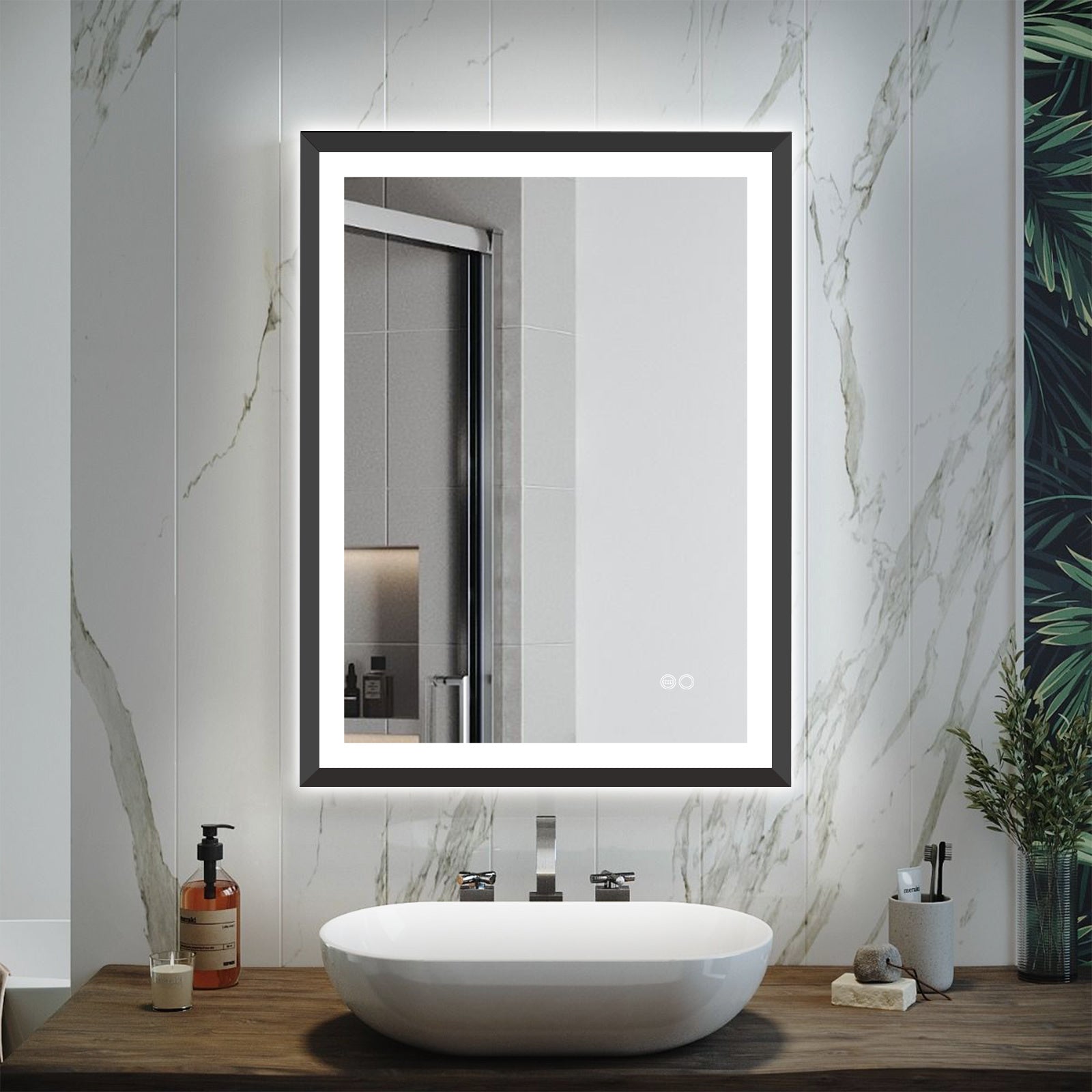 4 Size LED Bathroom Mirror; Backlit and Front Lighted Mirror for Bathroom; Wall Mounted Bathroom Vanity Framed Mirror Includes Dimmer; ; Defogger; Vertical / Horizontal