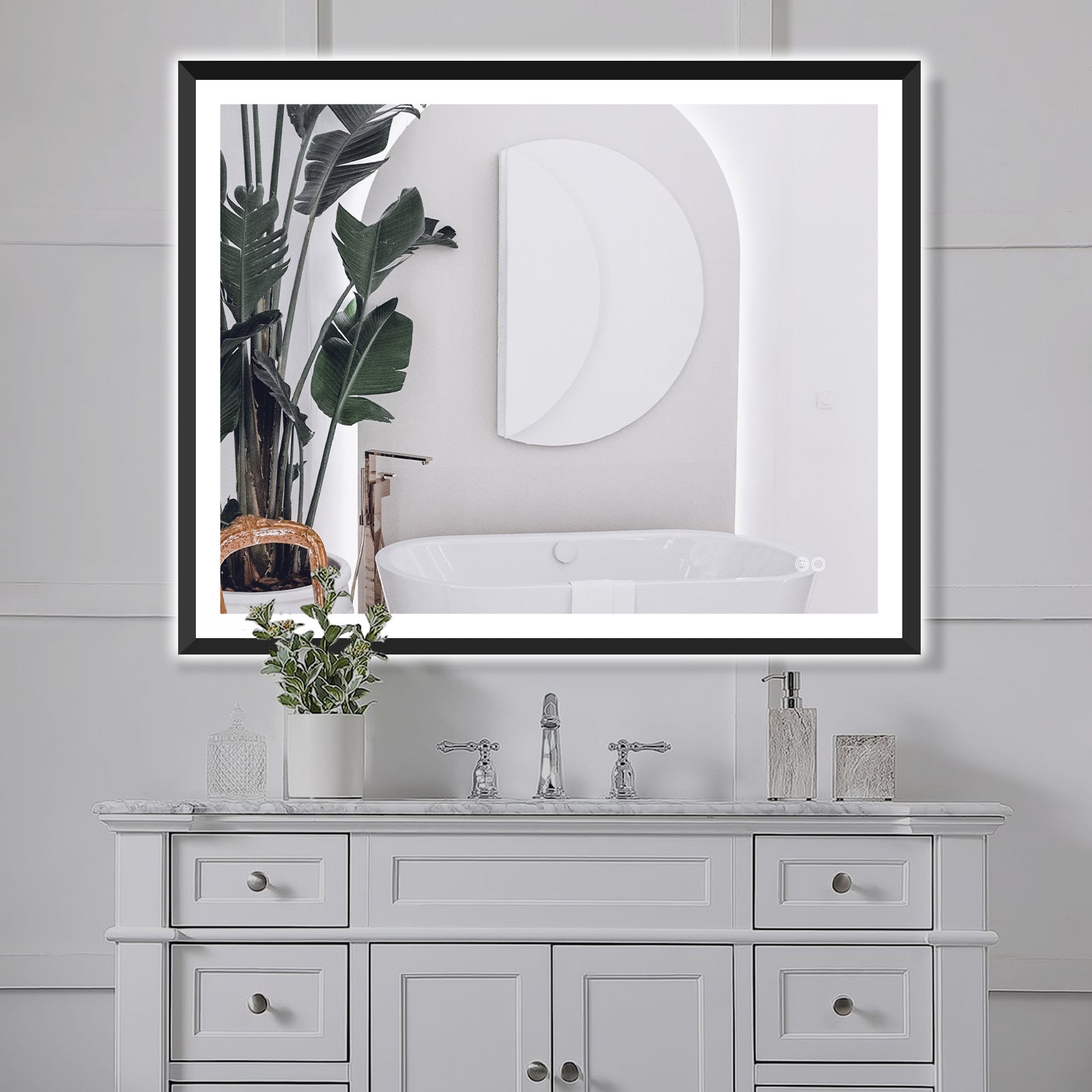 4 Size LED Bathroom Mirror; Backlit and Front Lighted Mirror for Bathroom; Wall Mounted Bathroom Vanity Framed Mirror Includes Dimmer; ; Defogger; Vertical / Horizontal