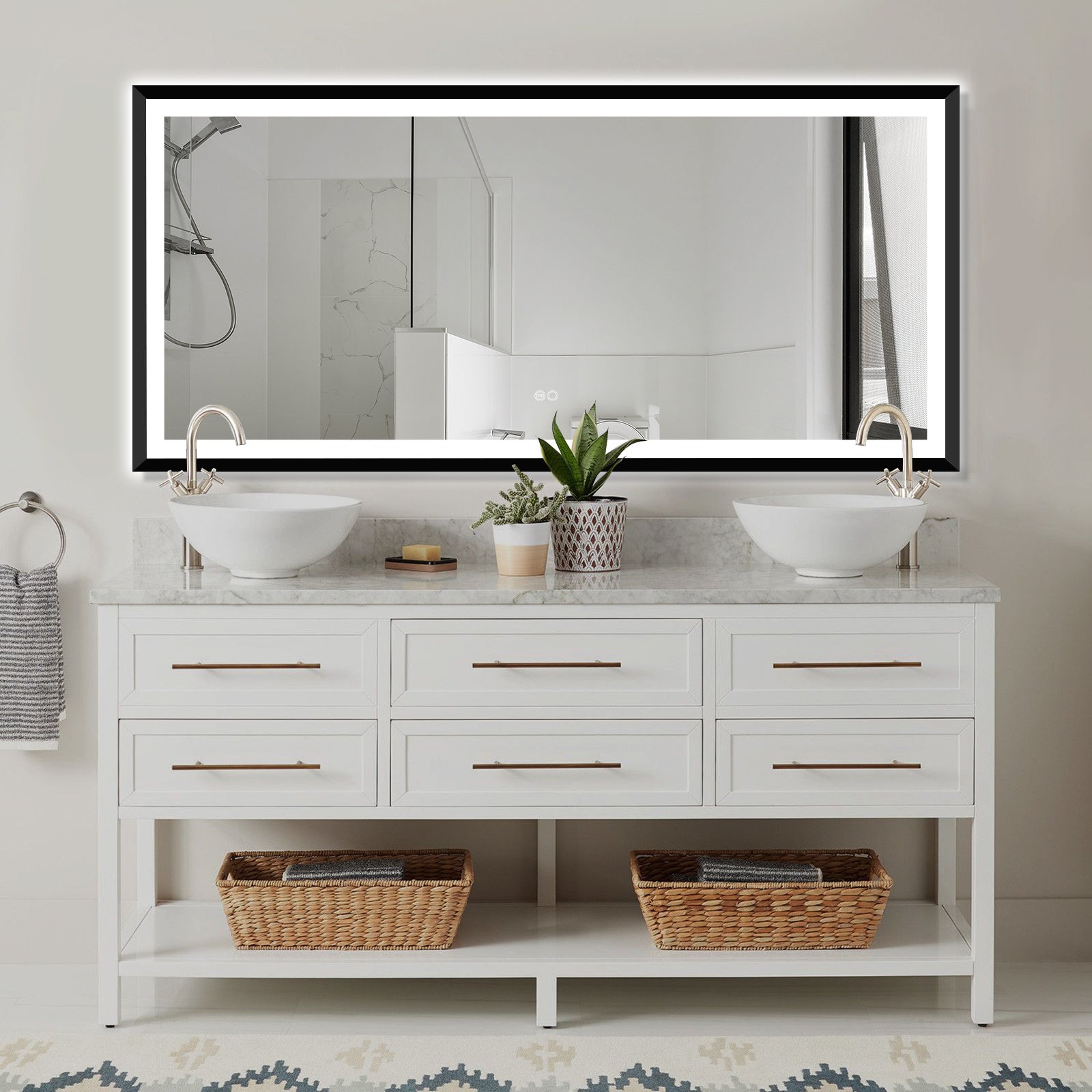 4 Size LED Bathroom Mirror; Backlit and Front Lighted Mirror for Bathroom; Wall Mounted Bathroom Vanity Framed Mirror Includes Dimmer; ; Defogger; Vertical / Horizontal