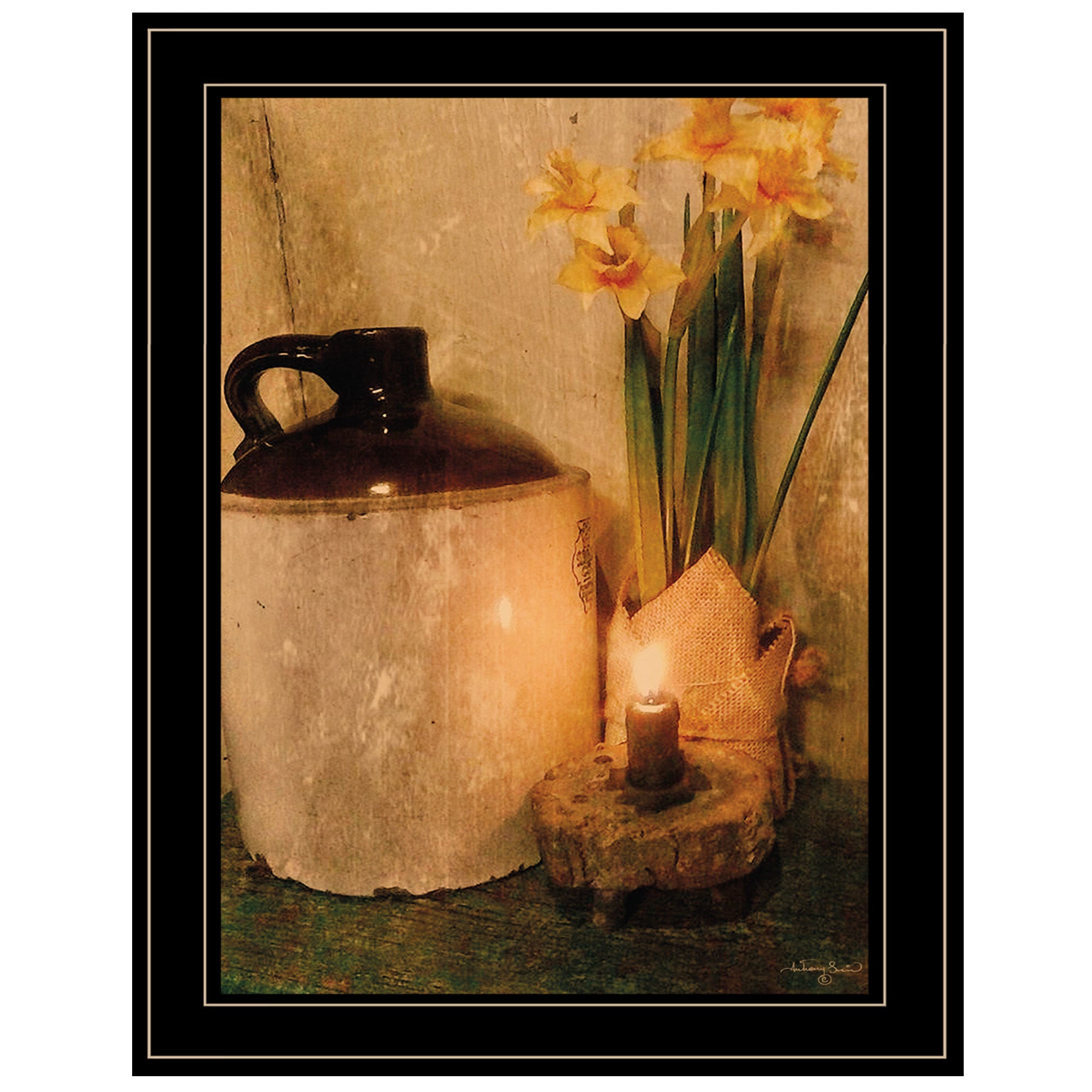 "Daffodils by Candlelight" by Anthony Smith, Ready to Hang Framed Print, Black Frame