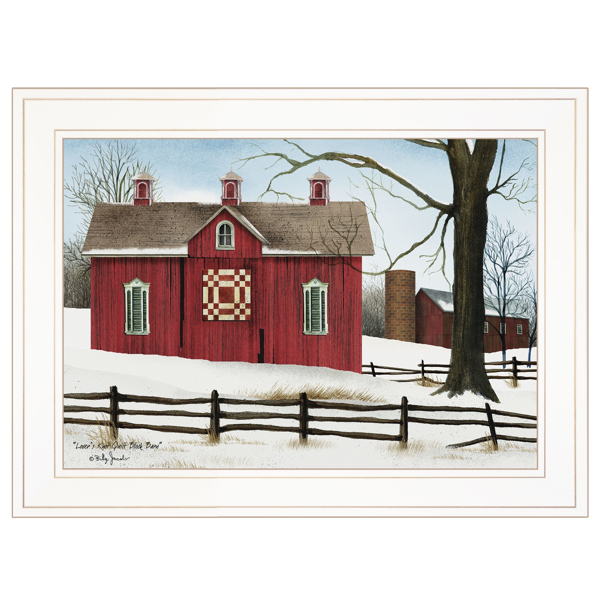 "Lover's Knot Quilt Block Barn" by Billy Jacobs, Ready to Hang Framed Print, White Frame
