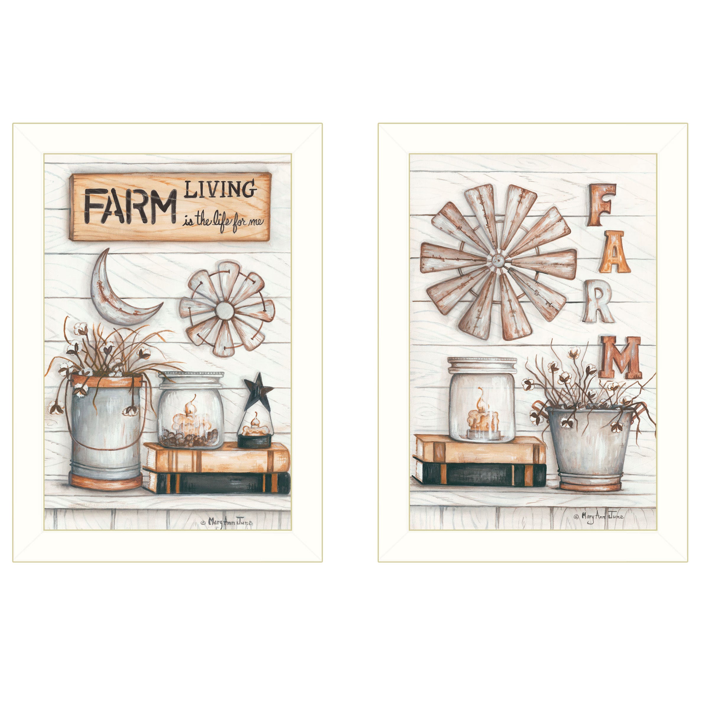 "Farm Living" 2-Piece Vignette by Mary Ann June, White Frame