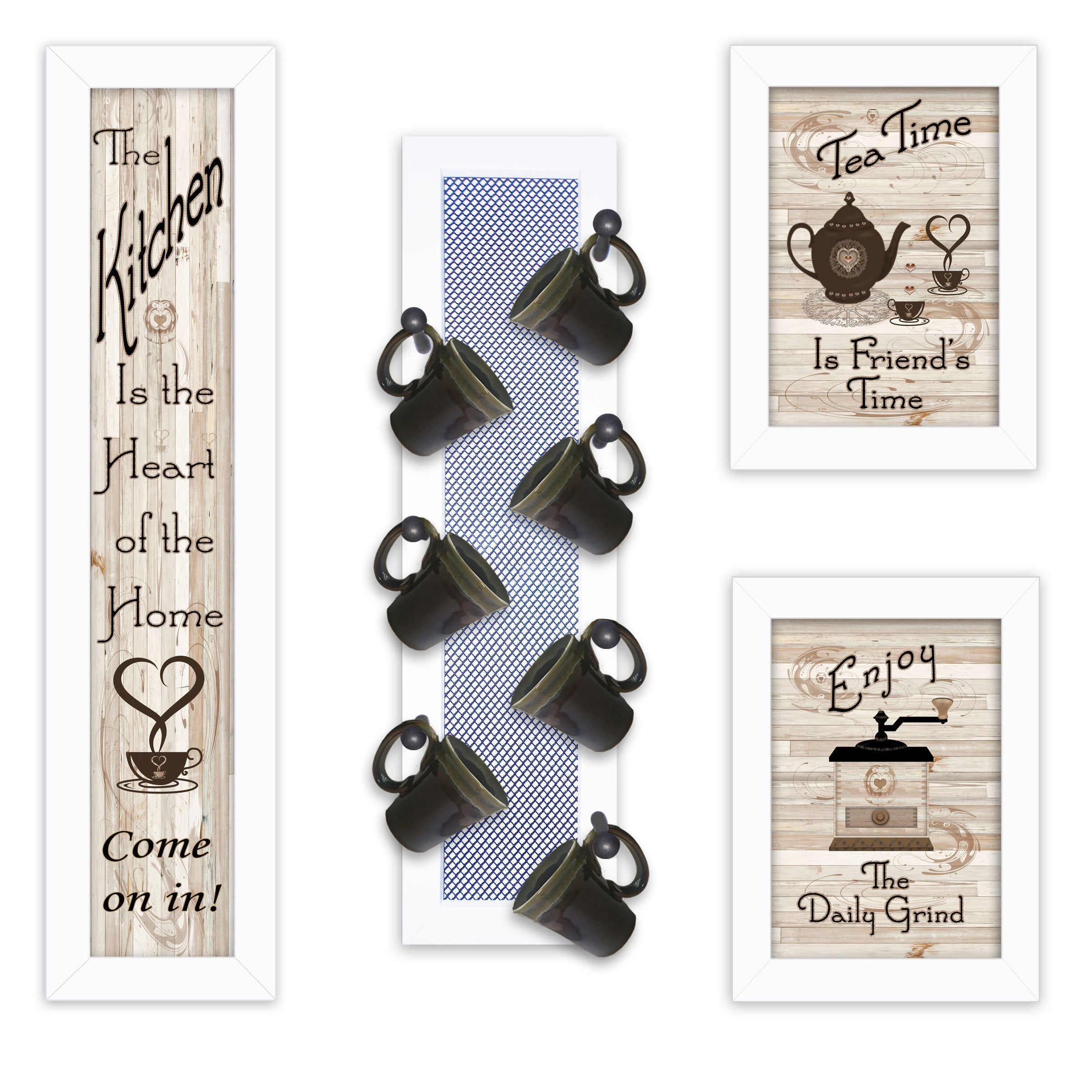 "Kitchen Collection V" 4-Piece Vignette with 7-Peg Mug Rack by Millwork Engineering, White Frame