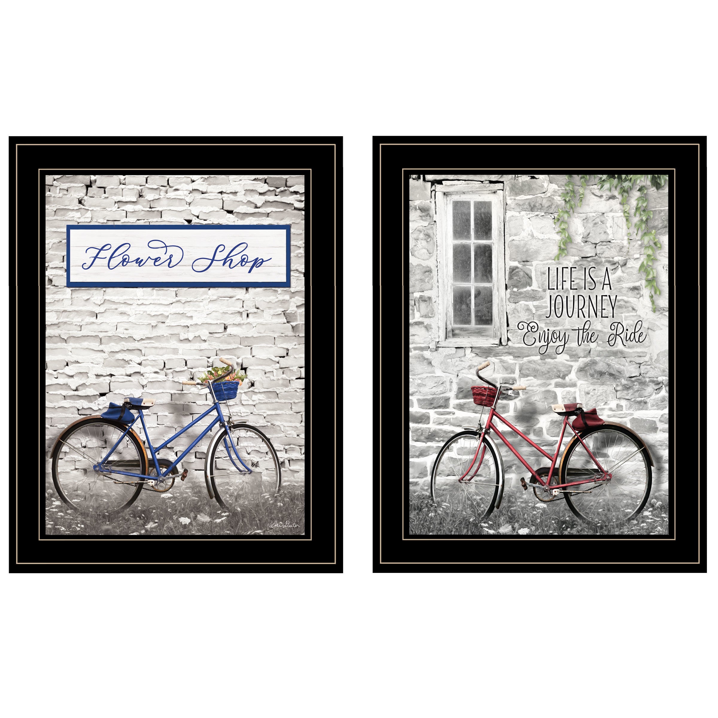 "Romantic Bicycles" 2-Piece Vignette by Lori Deiter, Black Frame