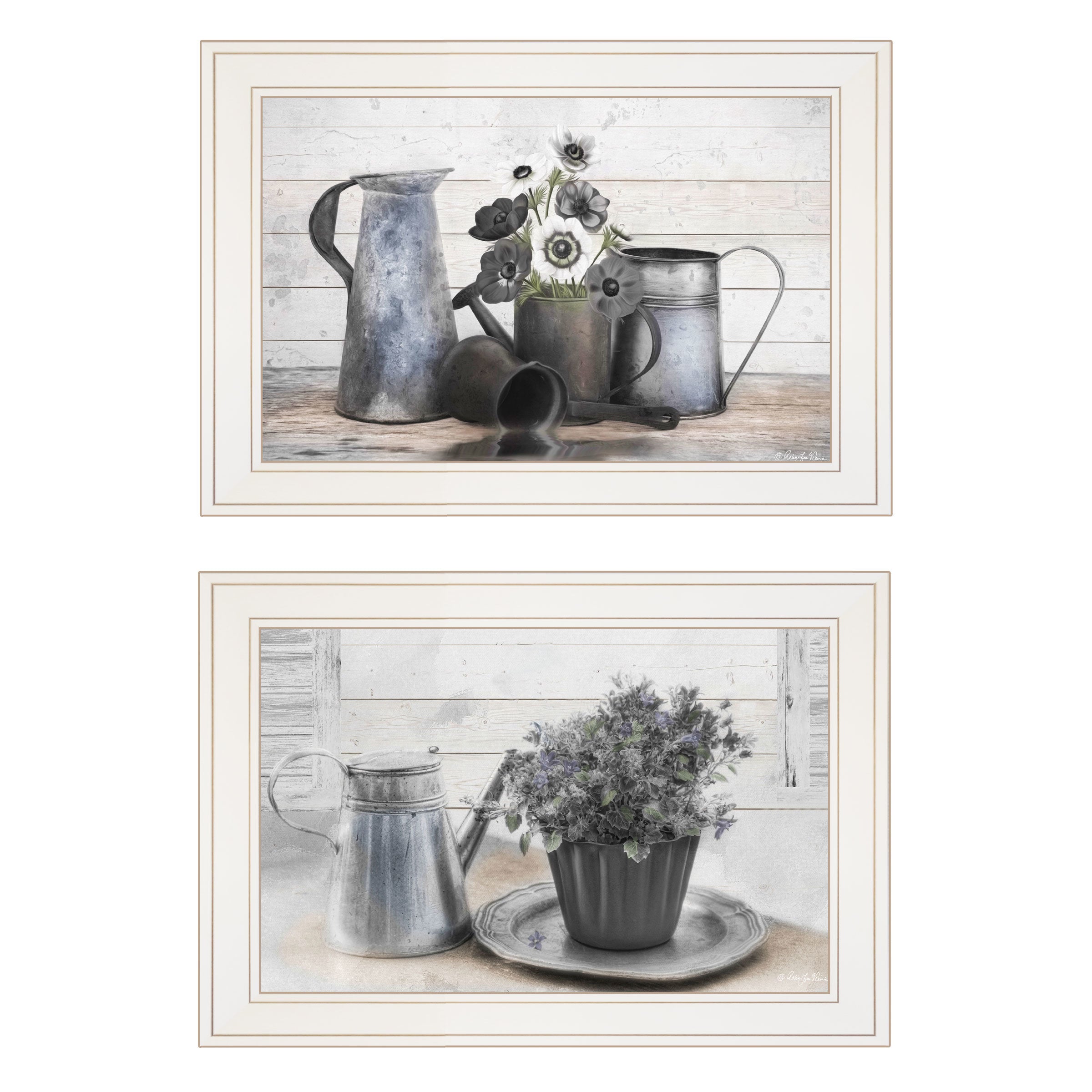 "Floral with Tin Ware" 2-Piece Vignette by Robin-Lee Vieira, White Frame