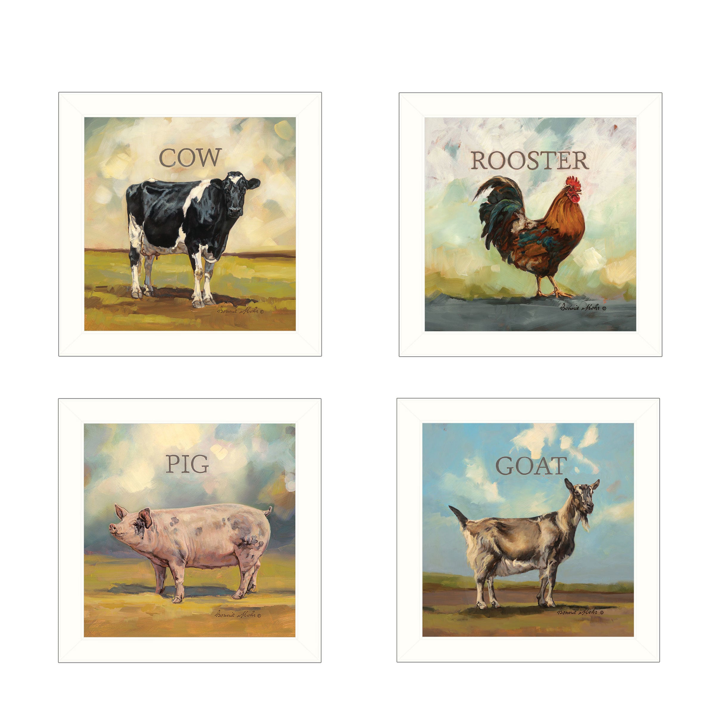 "Farm Animals" 4-Piece Vignette by Bonnie Mohr, White Frame