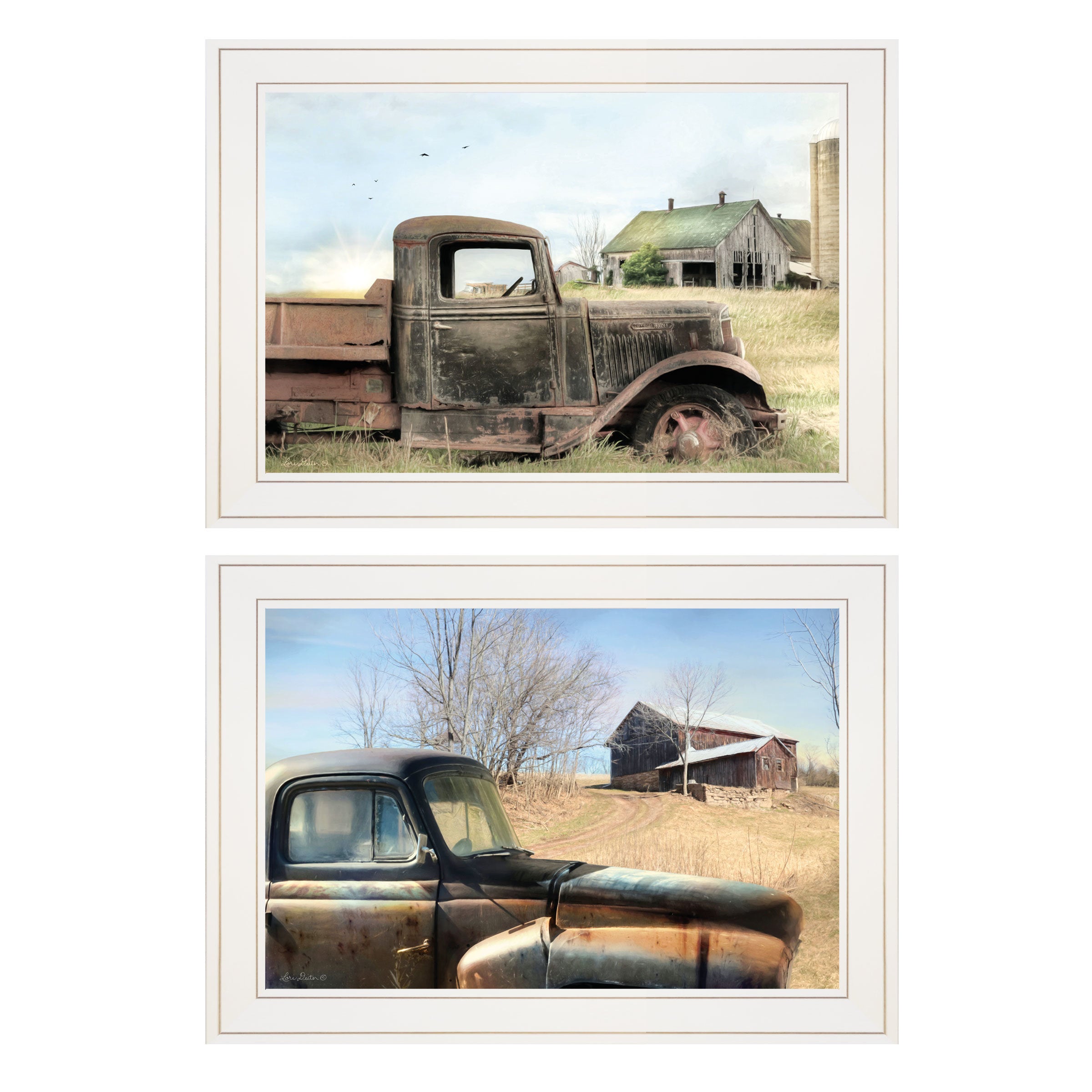 "Vintage Farm Trucks" 2-Piece Vignette by Lori Deiter, White Frame
