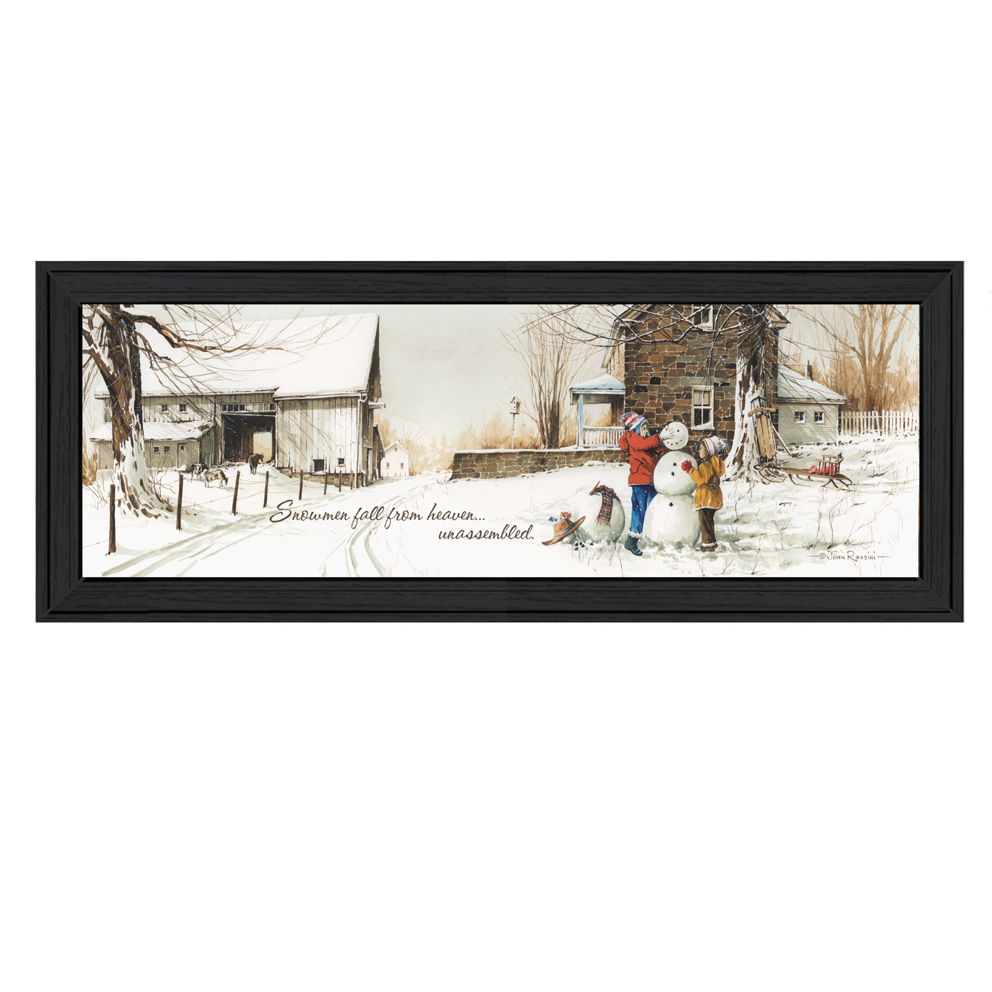 "Snowmen from Heaven" By John Rossini, Printed Wall Art, Ready To Hang Framed Poster, Black Frame