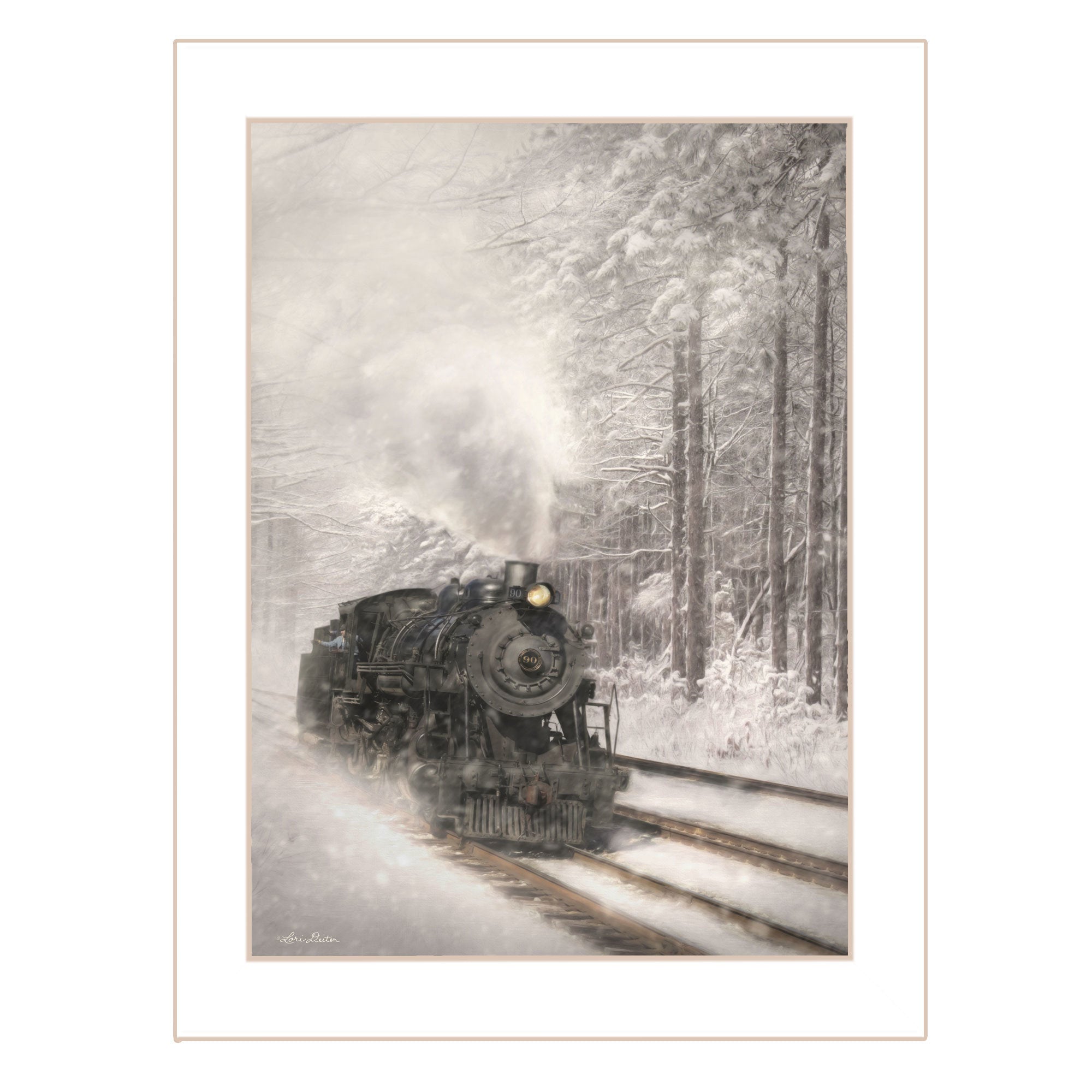 "Snowy Locomotive" by Lori Deiter, Ready to Hang Framed Print, White Frame