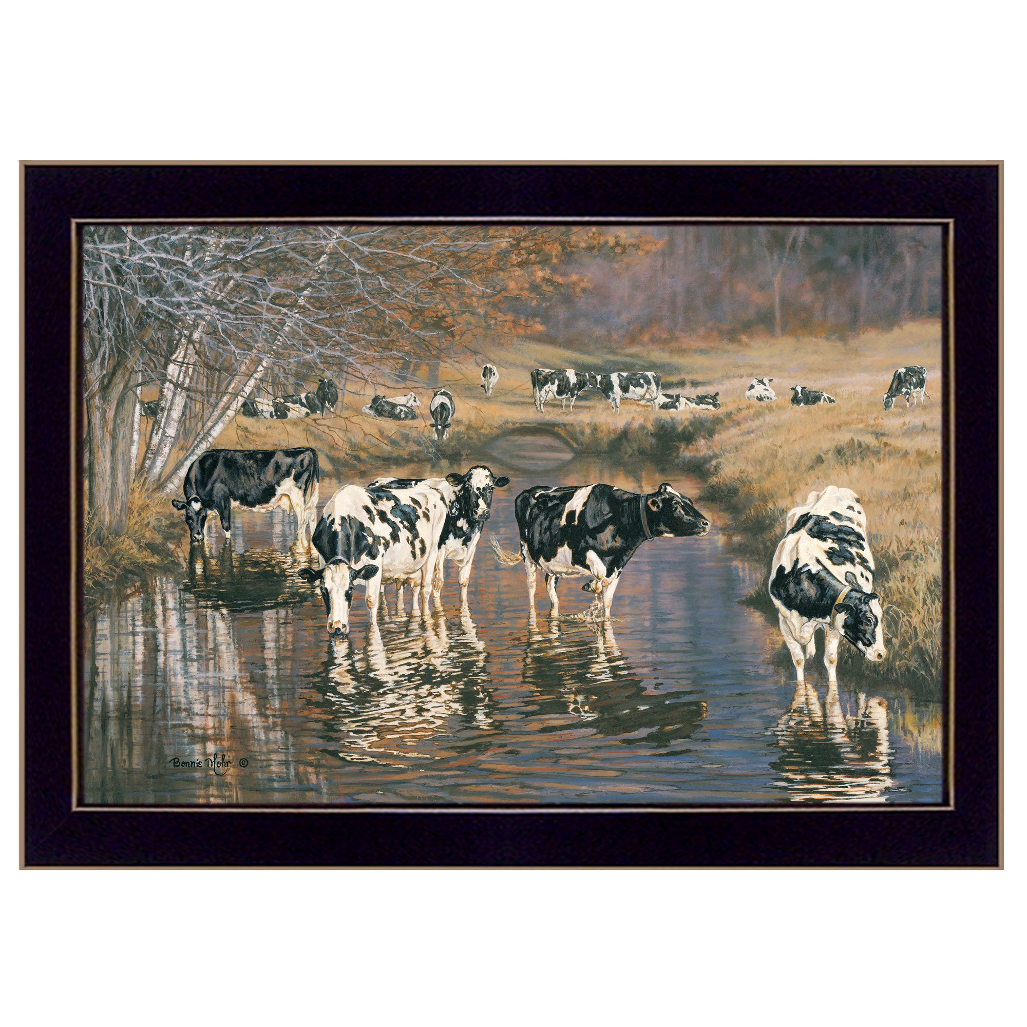 "Fall Reflections (Holsteins in River)" by Bonnie Mohr, Ready to Hang Framed Print, Black Frame