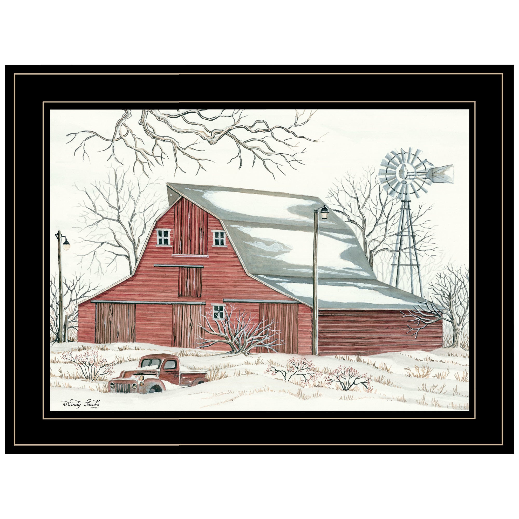 "Winter Barn with Pickup Truck" by Cindy Jacobs, Ready to Hang Framed Print, Black Frame