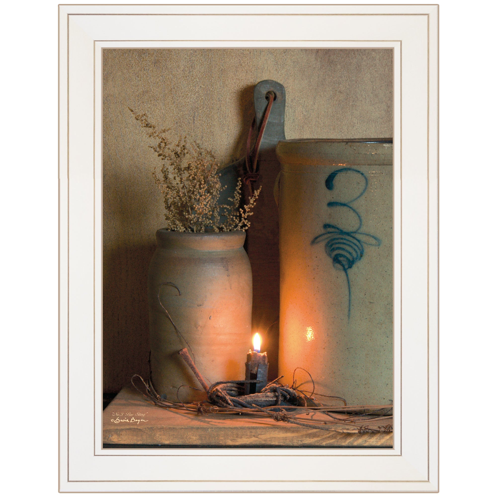 "No. 3 Bee Sting" on a crock by Susan Boyer, Ready to Hang Framed Print, White Frame