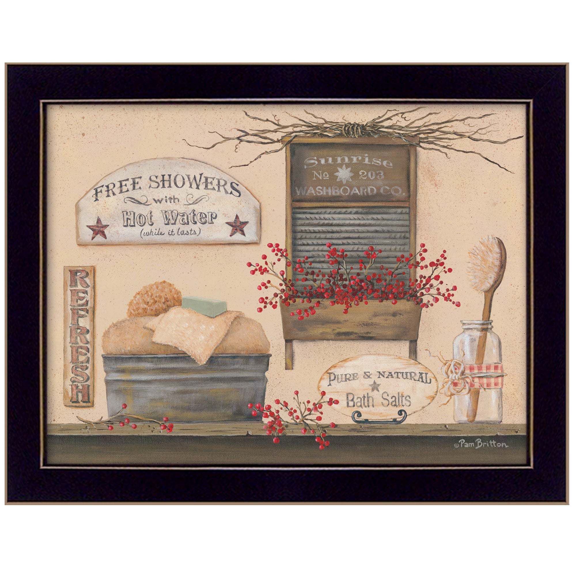 "Free Showers" By Pam Britton, Printed Wall Art, Ready To Hang Framed Poster, Black Frame