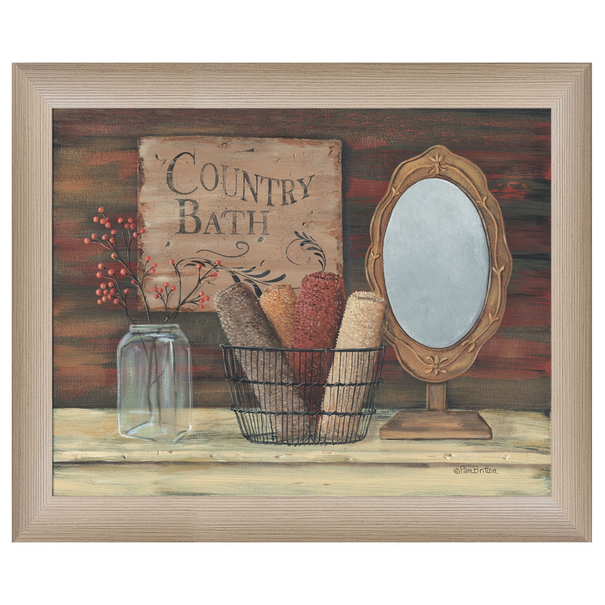 "Country Bath" by Pam Britton, Ready to Hang Framed print, Taupe Frame