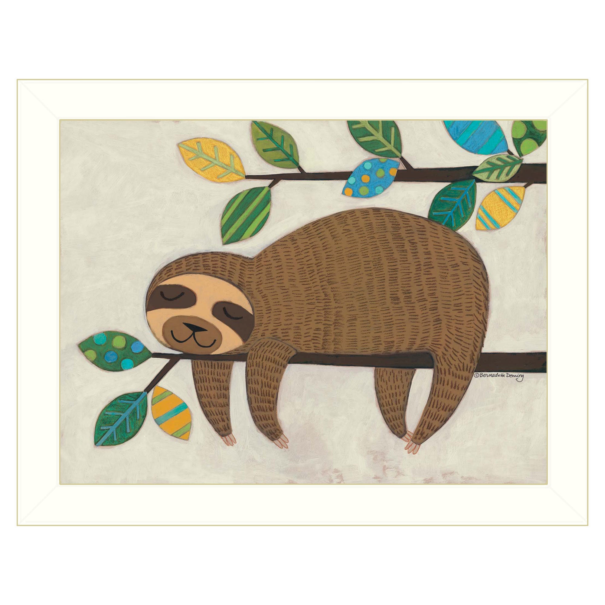 "Hanging Sloth II" by Bernadette Deming, Ready to Hang Framed Print, White Frame