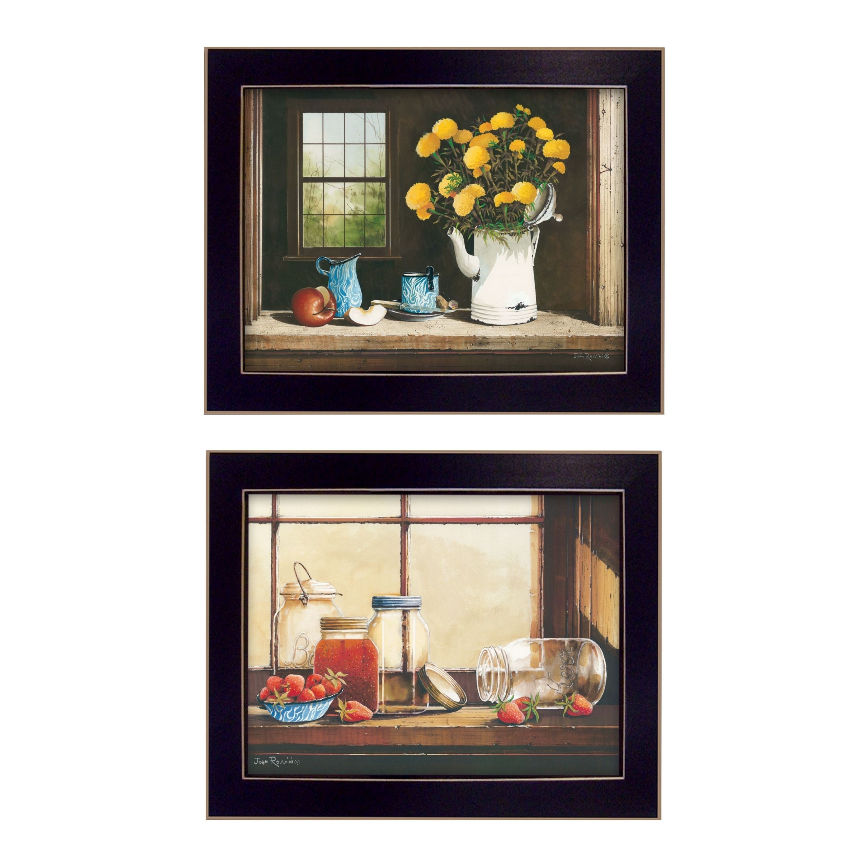 "Tea, Apples and Strawberries Collection" 2-Piece Vignette By John Rossini, Printed Wall Art, Ready To Hang Framed Poster, Black Frame