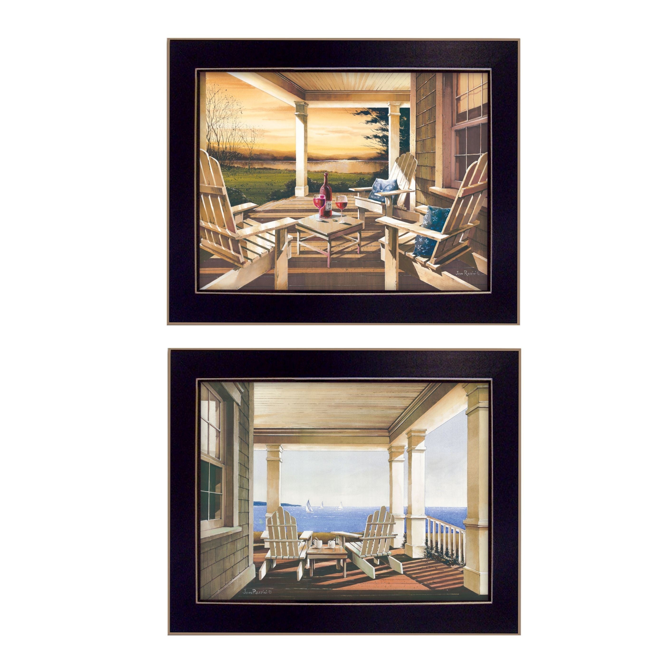 "Veranda Views Collection" 2-Piece Vignette By John Rossini, Printed Wall Art, Ready To Hang Framed Poster, Black Frame