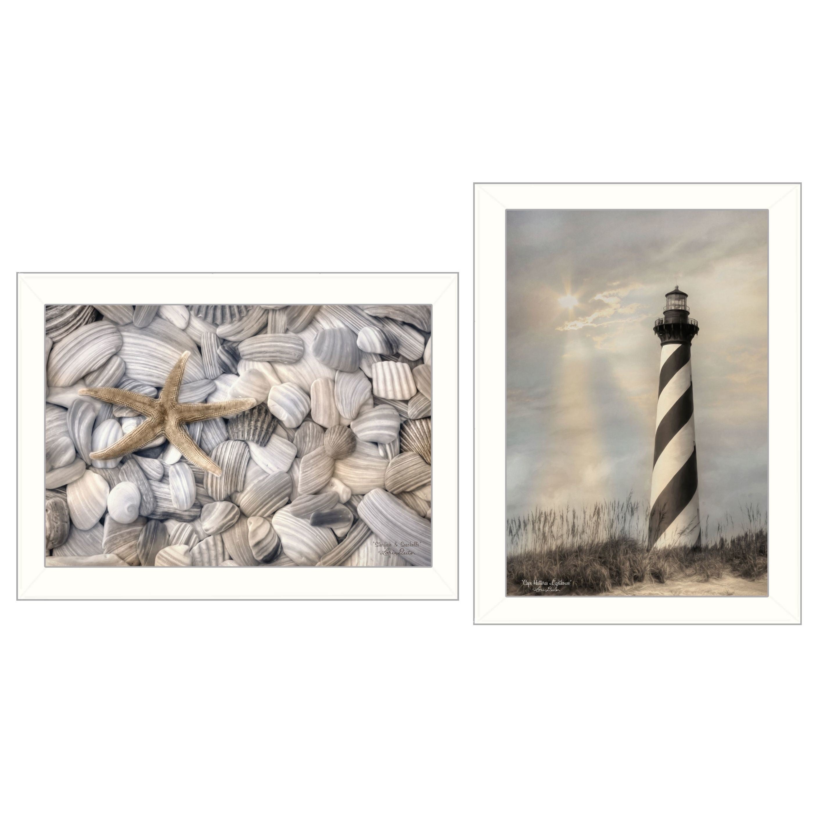 "Cape Hatteras Lighthouse and Sea Shells Collection" 2-Piece Vignette By Lori Deiter, Printed Wall Art, Ready To Hang Framed Poster, White Frame