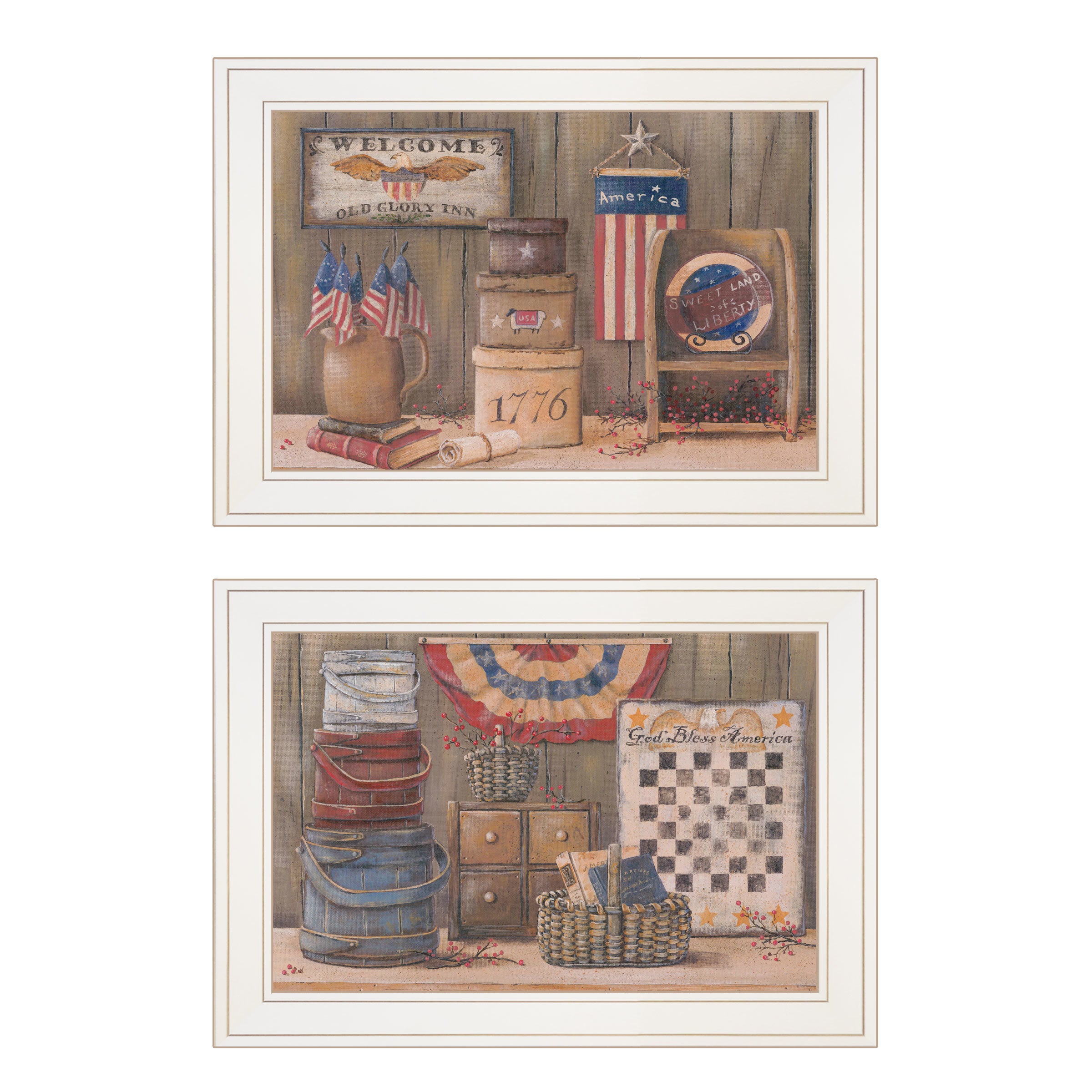 "God Bless / Sweet Land" 2-Piece Vignette by Pam Britton, White Frame
