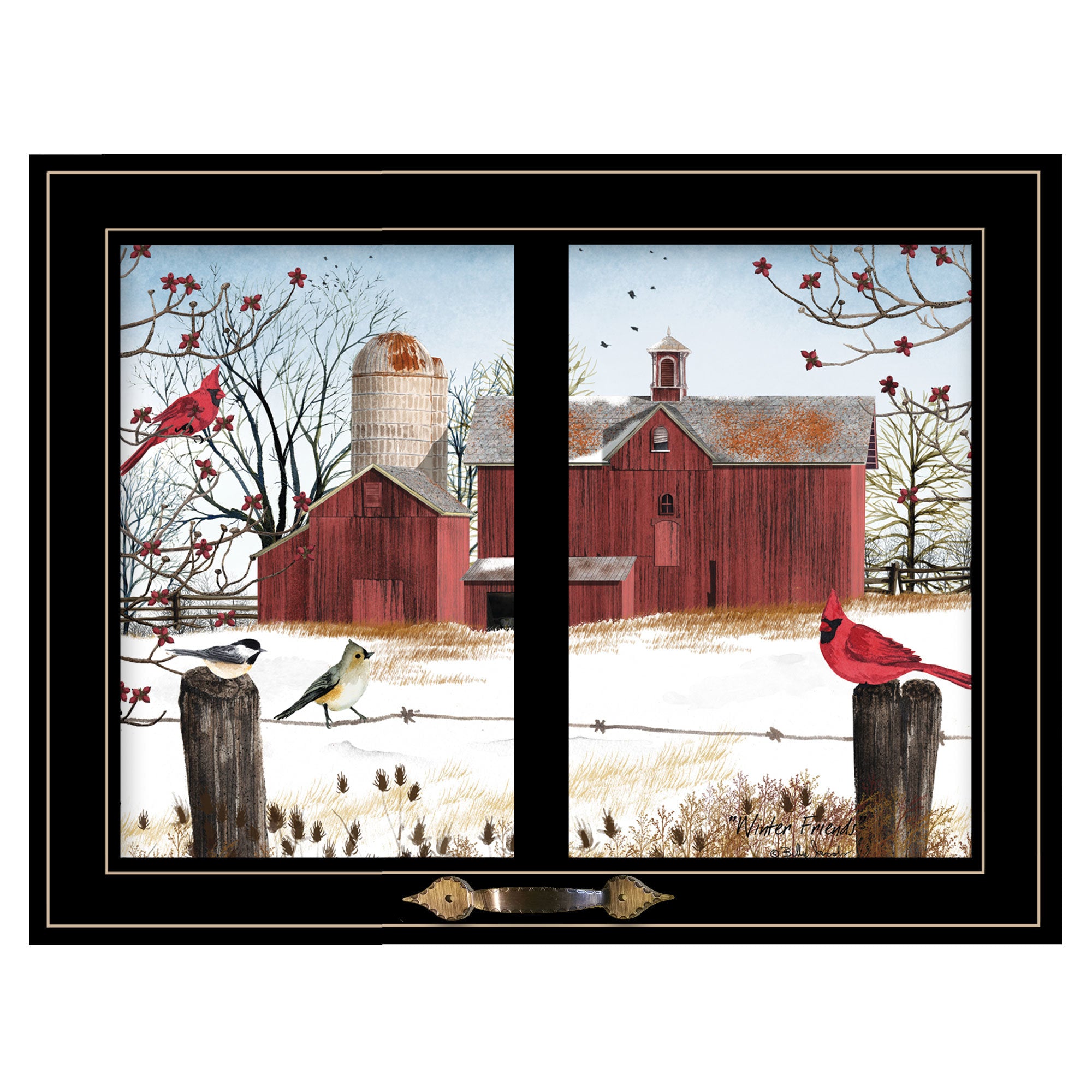 "Winter Friends" by Billy Jacobs, Ready to Hang Framed Print, Black Window-Style Frame