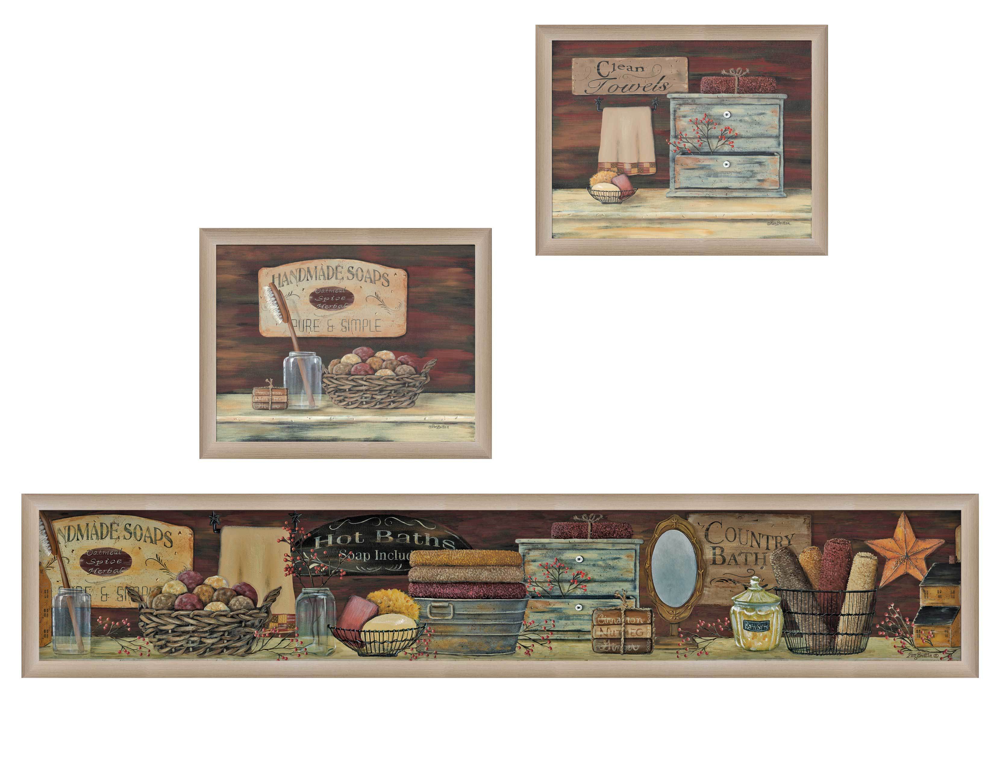 "Country Bath I Collection" 3-Piece Vignette By Pam Britton, Printed Wall Art, Ready To Hang Framed Poster, Beige Frame