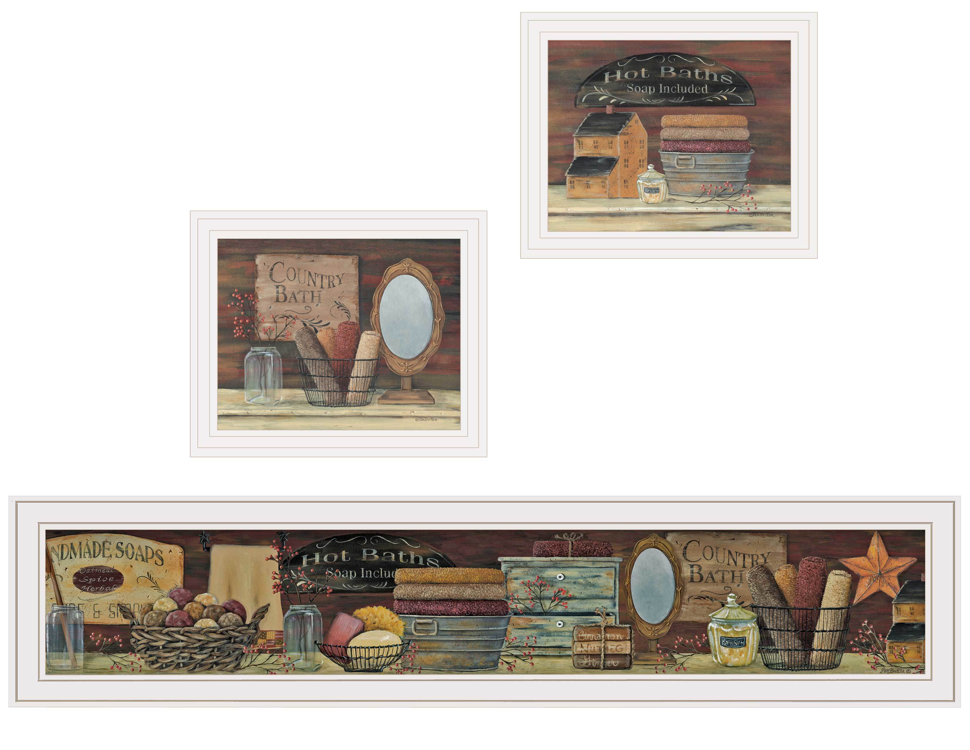 "COUNTRY BATH II" 3-Piece Vignette by Pam Britten, White Frame
