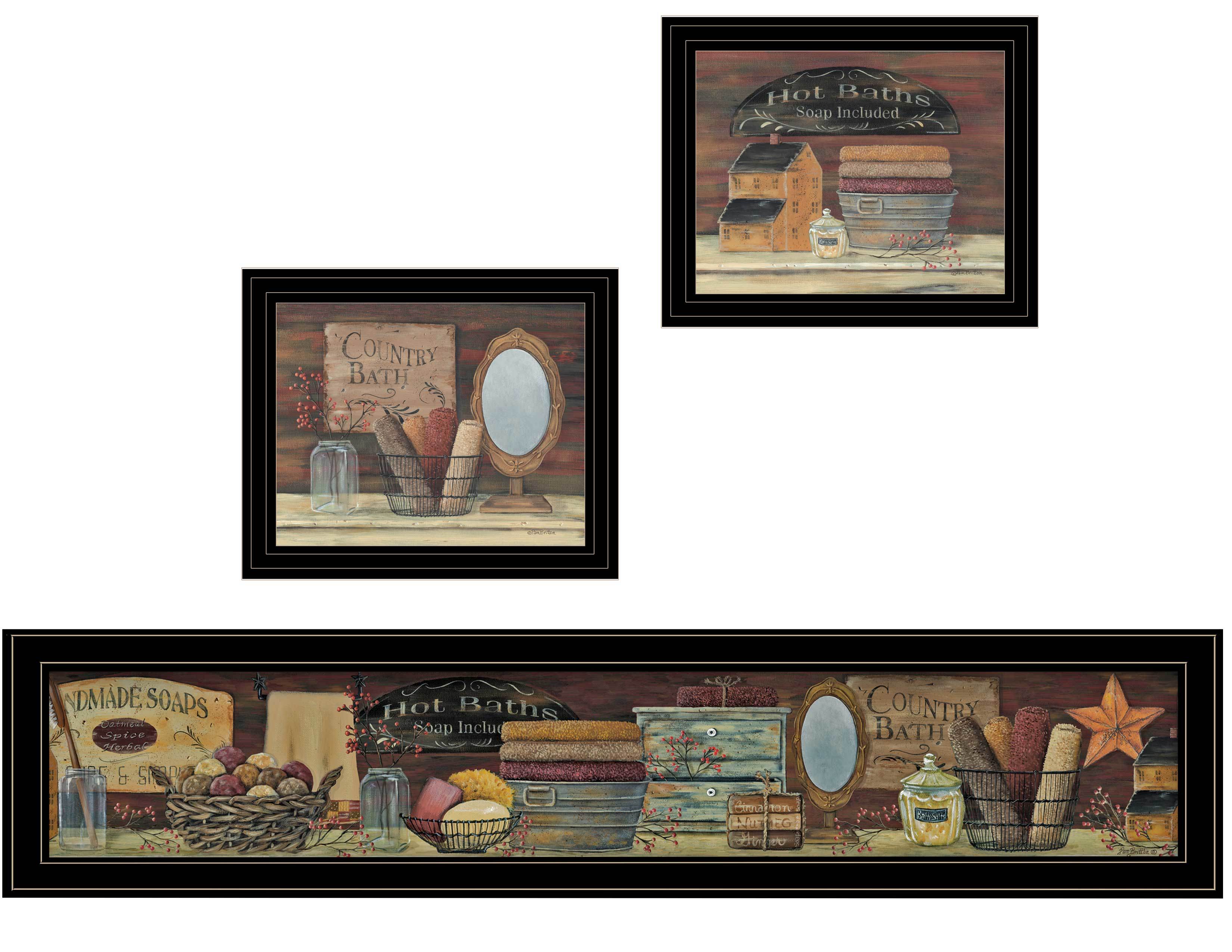 "COUNTRY BATH II" 3-Piece Vignette by Pam Britten, Black Frame