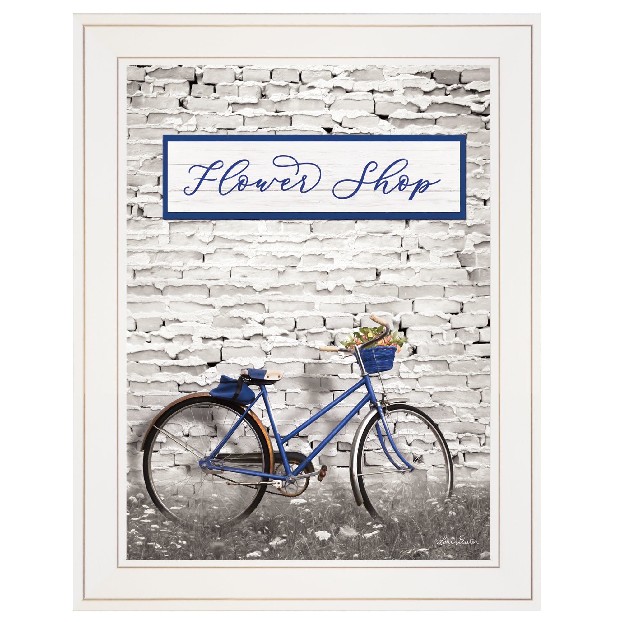 "Flower Shop Bicycle" by Lori Deiter, Ready to Hang Framed Print, White Frame