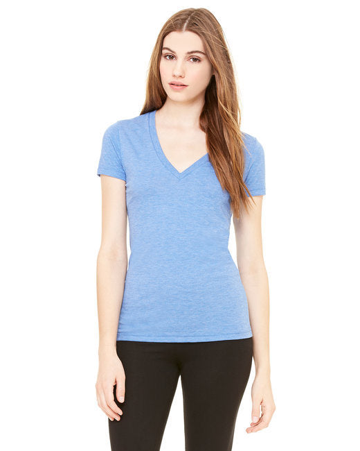 Ladies' Triblend Short-Sleeve Deep V-Neck T-Shirt - BLUE TRIBLEND - S