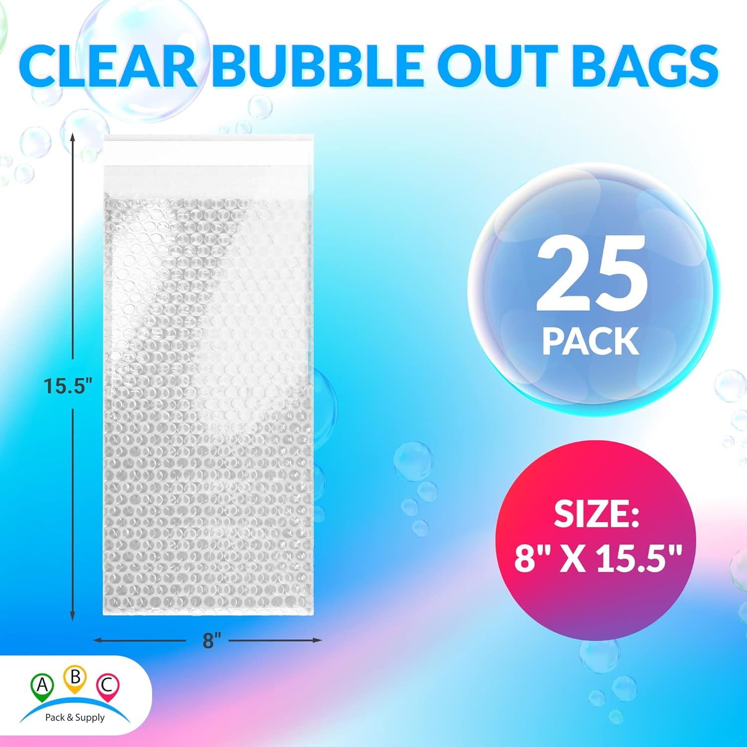Clear Bubble Out Bags 8 x 15.5; Packaging Bubble Bags for Shipping Pack of 25; Polyethylene Self Seal Bubble Pouches; Bubble Packaging Bags with 3/16'