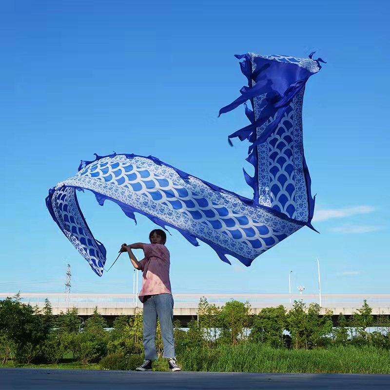 3D Colorful Dragon Silk-Like Flowy Spinning & Shaking Poi - Flinging The Dragon Spiral Practice Ribbon Streamer with Fiberglass Handsticks + Travel Ba