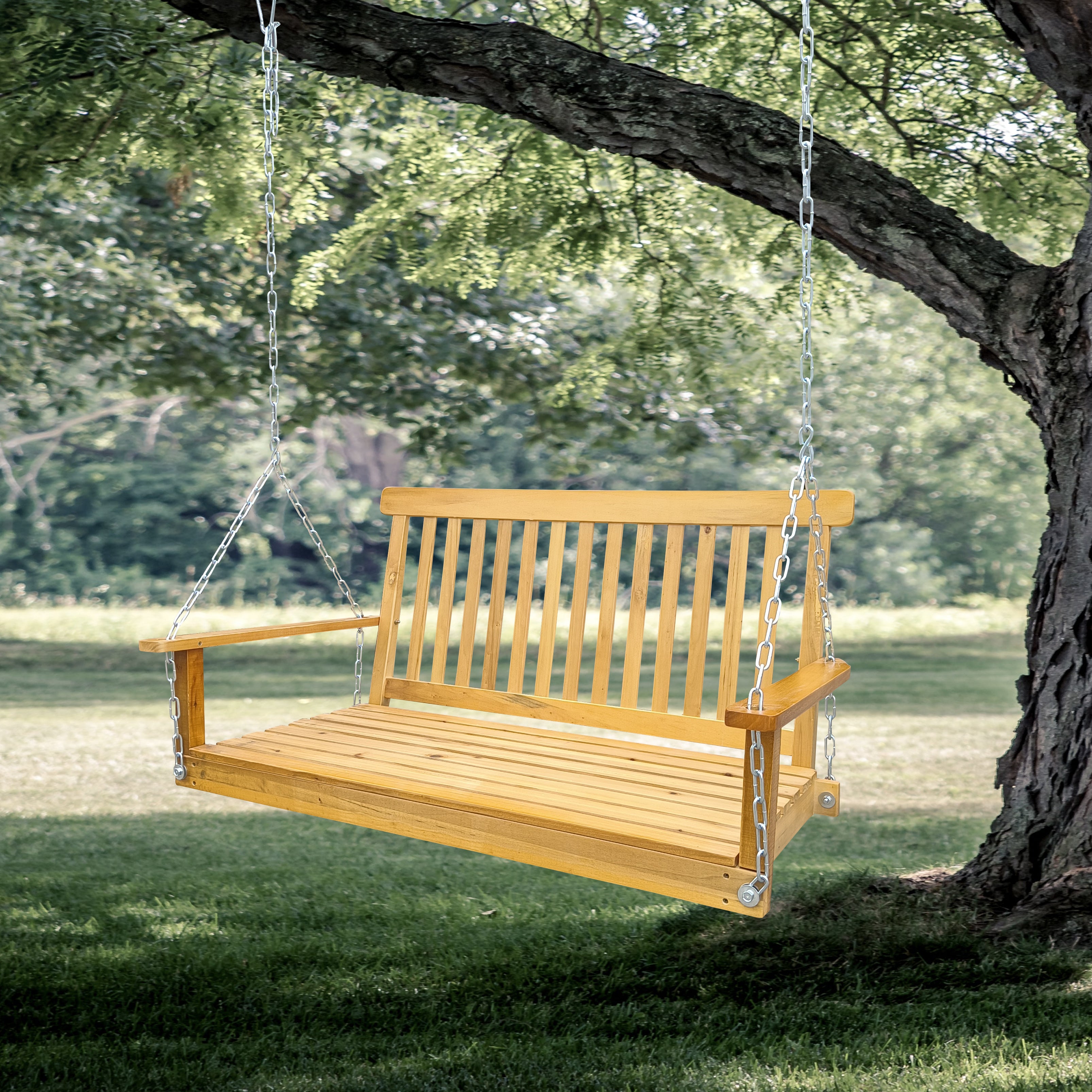 Front Porch Swing with Armrests; Wood Bench Swing with Hanging Chains; for Outdoor Patio ; Garden Yard; porch; backyard; or sunroom; Easy to Assemble; teak
