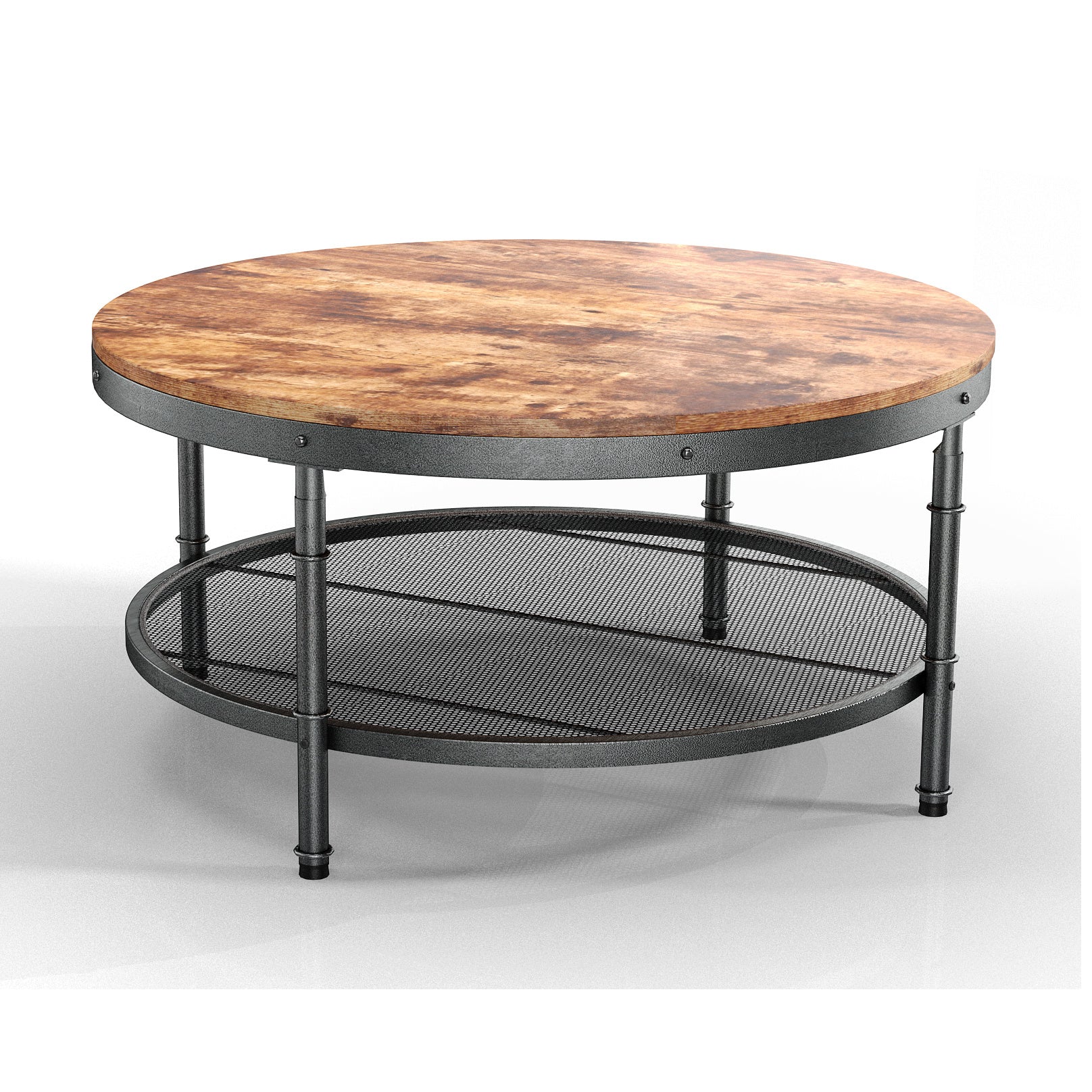 WESOME 2-Tier Single Panel Round Coffee Table for Living Room and Bedroom; with 3D Texture Metal Frame and Mesh