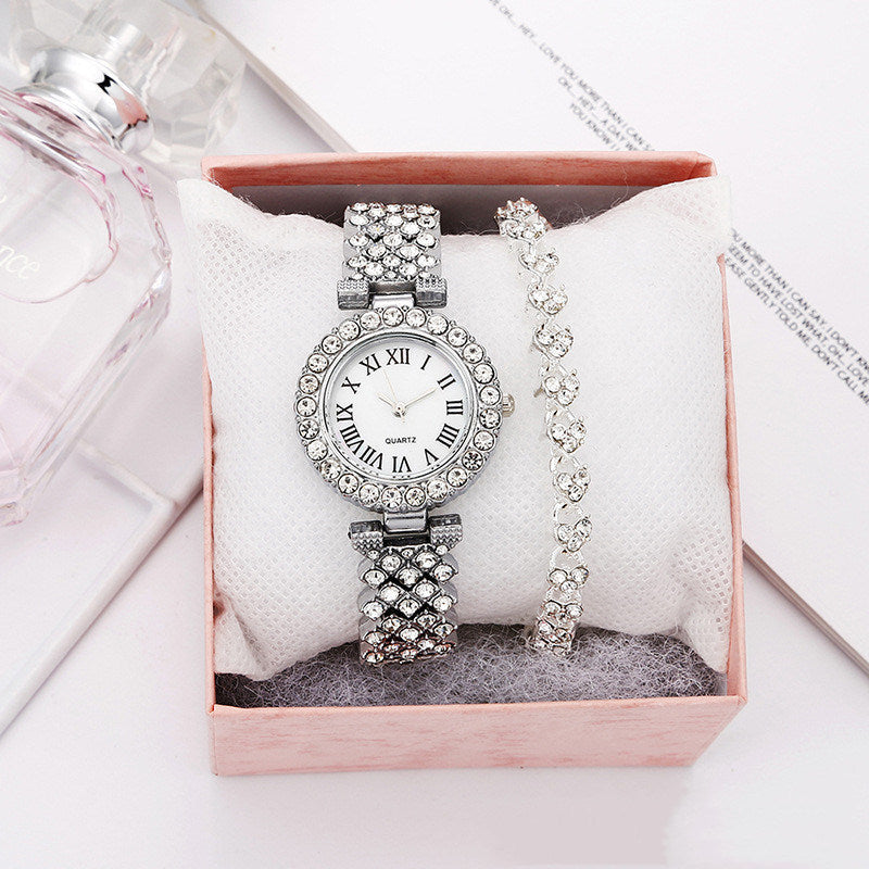 Roman Pattern Diamond Ladies Watch Bracelet Set
