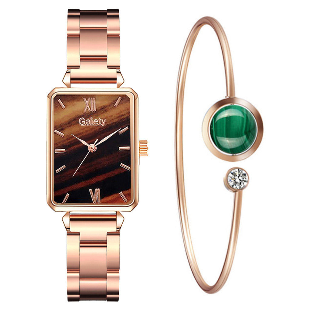 Ladies Light Luxury Small Green Square Watch Steel Band Watch Bracelet Set