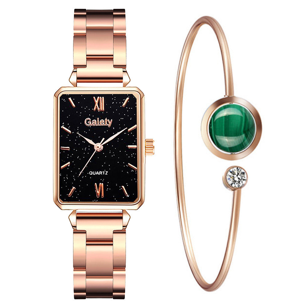Ladies Light Luxury Small Green Square Watch Steel Band Watch Bracelet Set