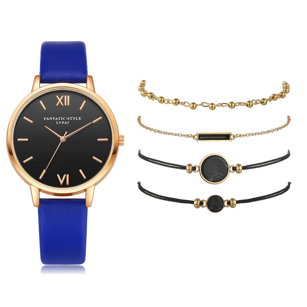 Ladies PU Strap Alloy Quartz Strap Bracelet Set Combination