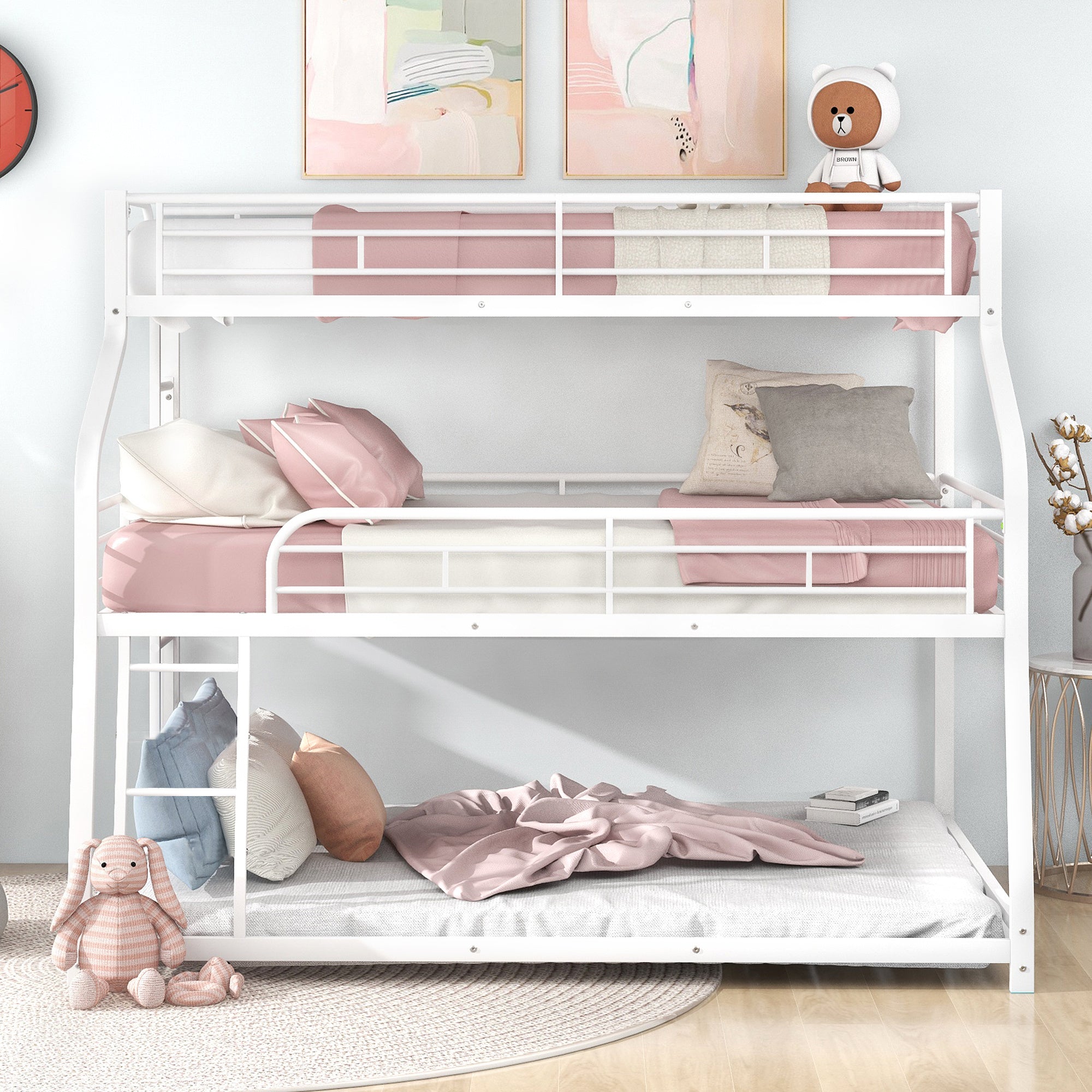 Bunk Bed with Long and Short Ladder and Full-Length Guardrails