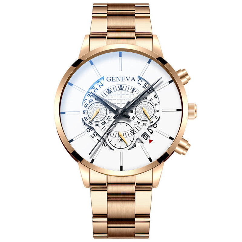 Men's Three Eyes Gold Steel Band Calendar Quartz Watch