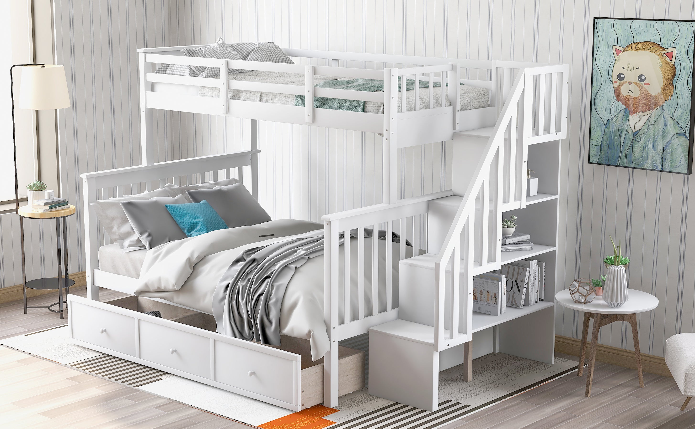 Stairway Twin-Over-Full Bunk Bed with Drawer; Storage and Guard Rail for Bedroom; Dorm; for Adults