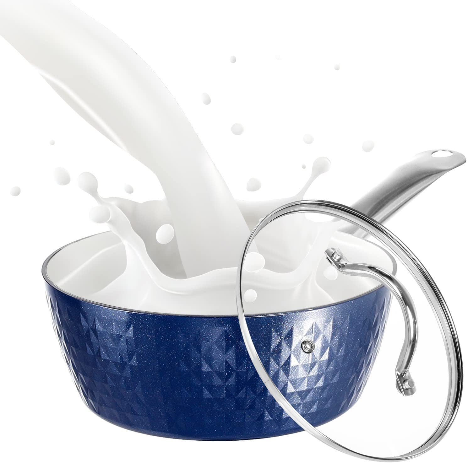 1.2 Quart Pot Saucepan with Lid; Small Nonstick Saucepan with Lid; Small Soup Pot with Lid; Small Induction Stock Pot; Blue Mini Saucepan with Lid; Milk Pot with Anodized Healthy Ceramic