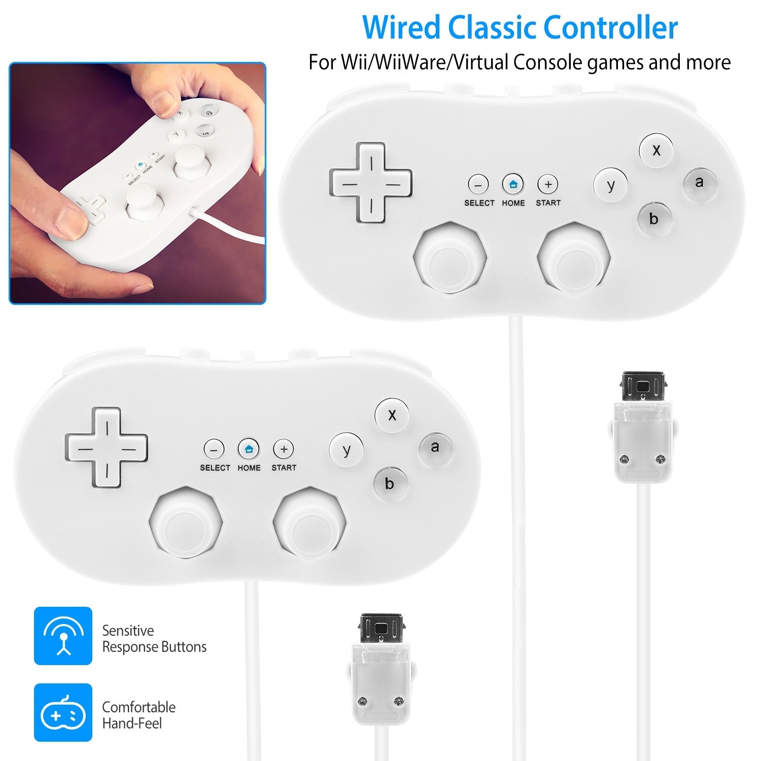 2PCS Classic Game Controller Pad Wired Gamepad Joypad Joystick for Nintendo Wii Remote