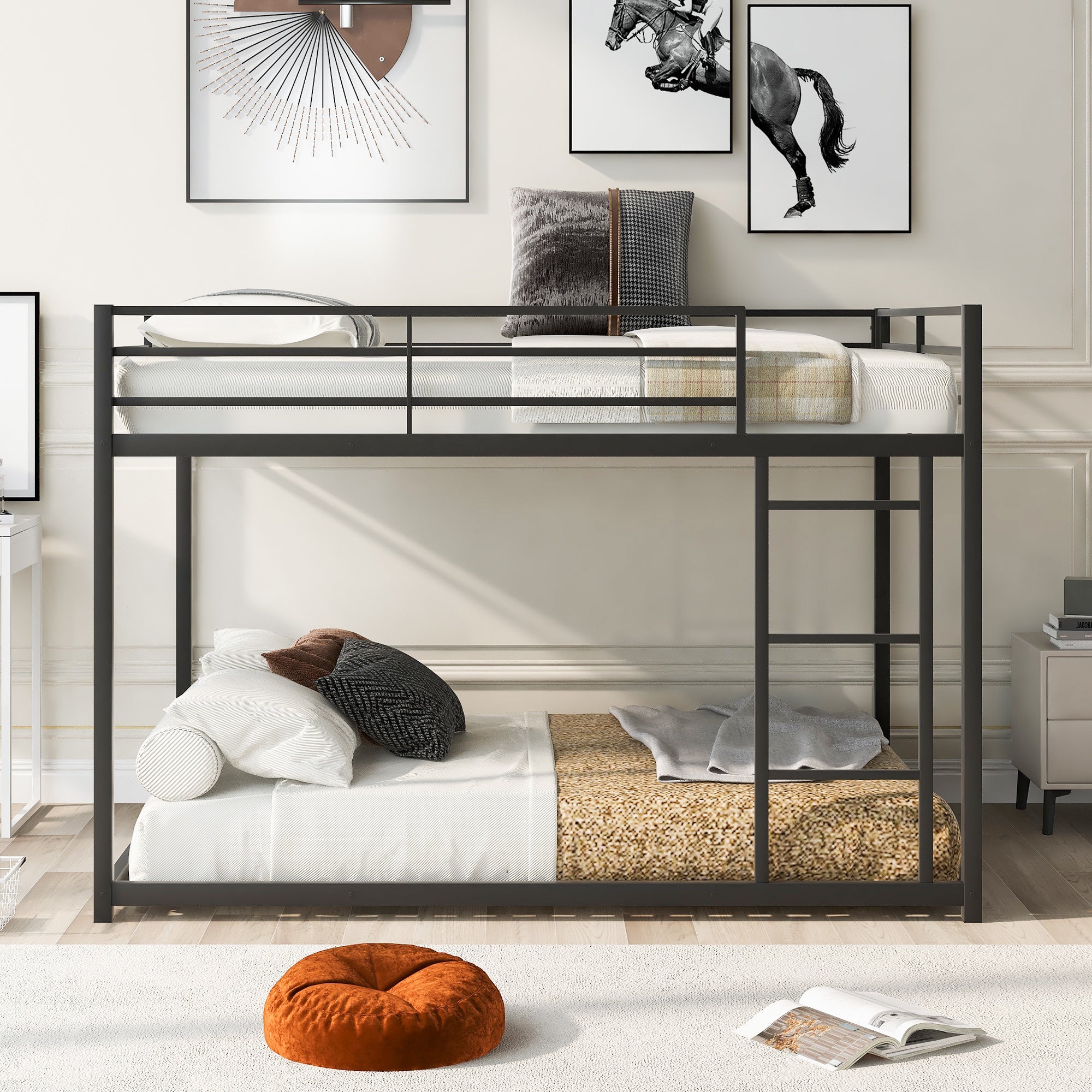 Full over Full Metal Bunk Bed; Low Bunk Bed with Ladder