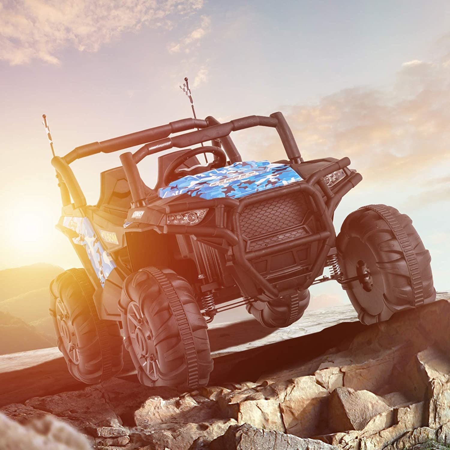 Uenjoy 12V Electric Ride on Cars, Realistic Off-Road UTV, Two Seater Ride On Truck, Motorized Vehicles for Kids, Remote Control, Music, 3 Speeds, Spri