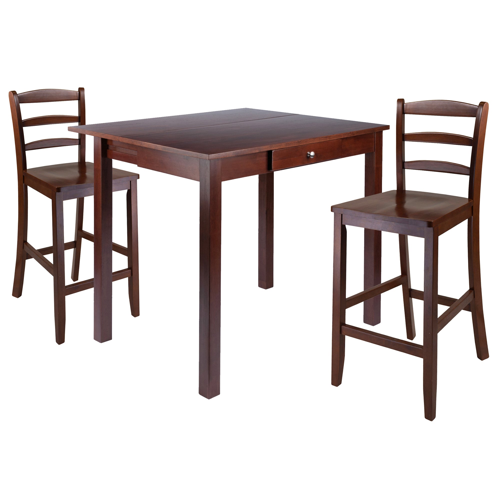 Perrone 3-Pc High Drop Leaf Table with Ladder-back Counter Stools; Walnut