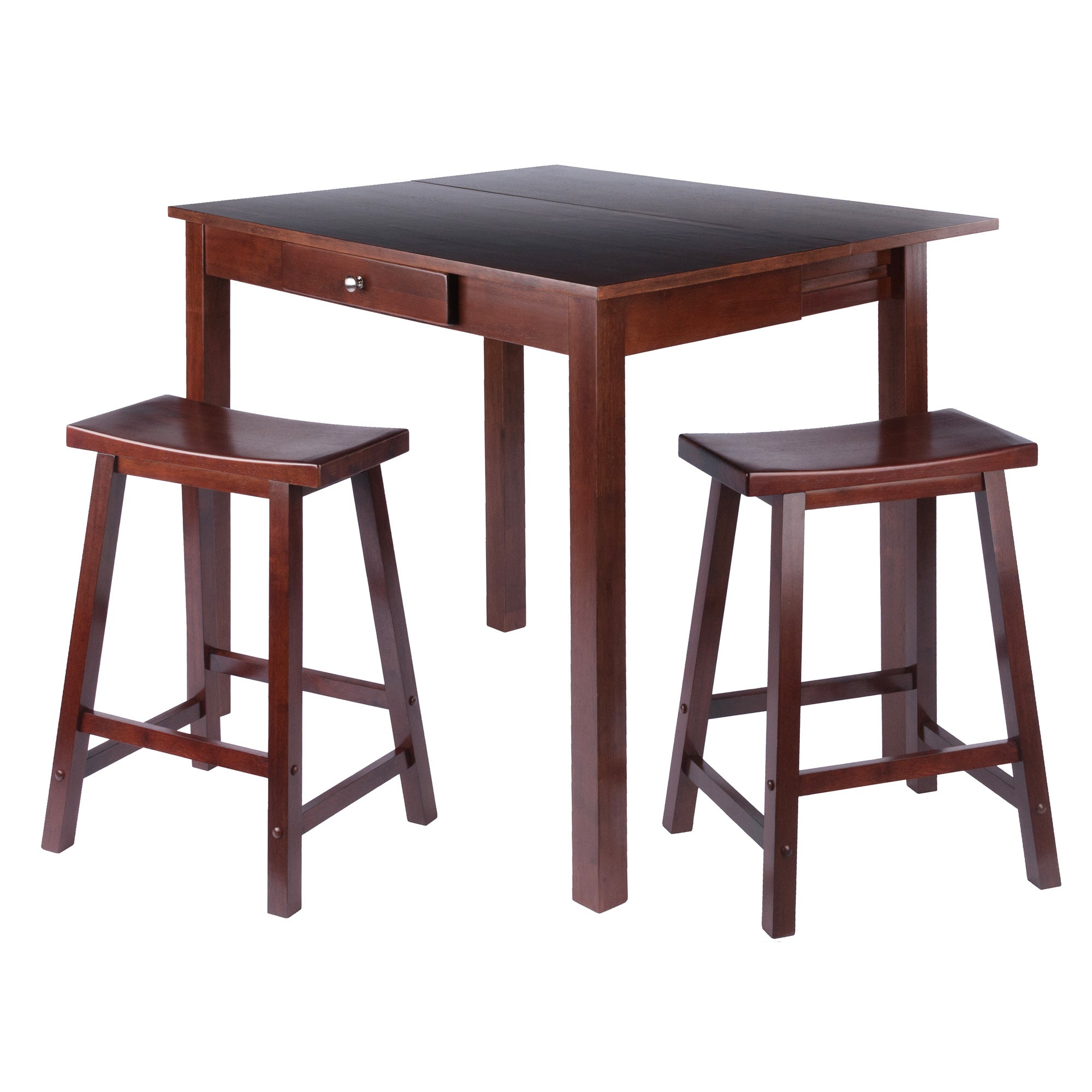 Perrone 3-Pc High Drop Leaf Table with Saddle Seat Counter Stools; Walnut