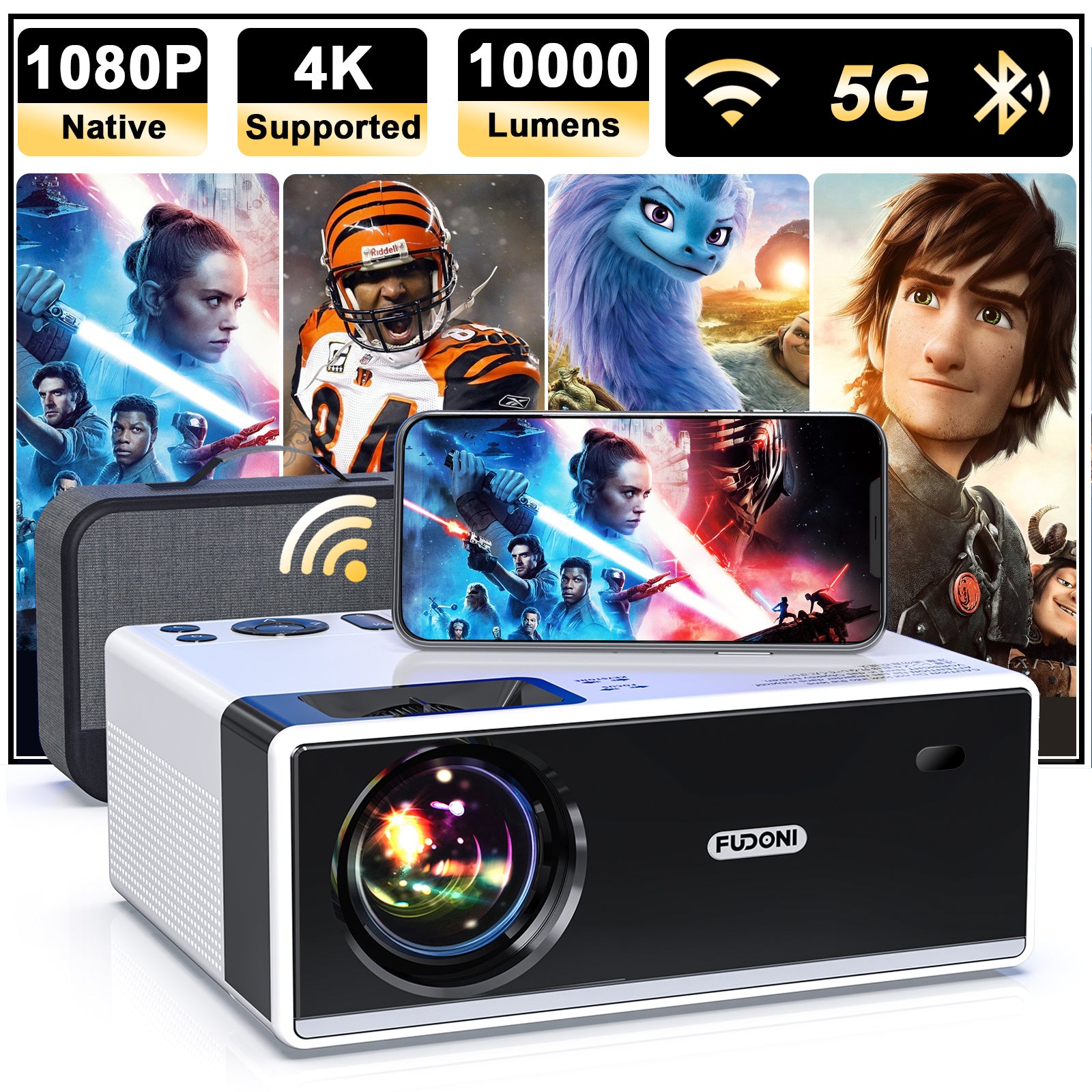 Projector with WiFi and Bluetooth; 5G WiFi Projector 4K Supported Native 1080P Full HD; FUDONI 10000L Portable Projector; 50% Zoom 300" Display Outdoor Projector (shipment from FBA)