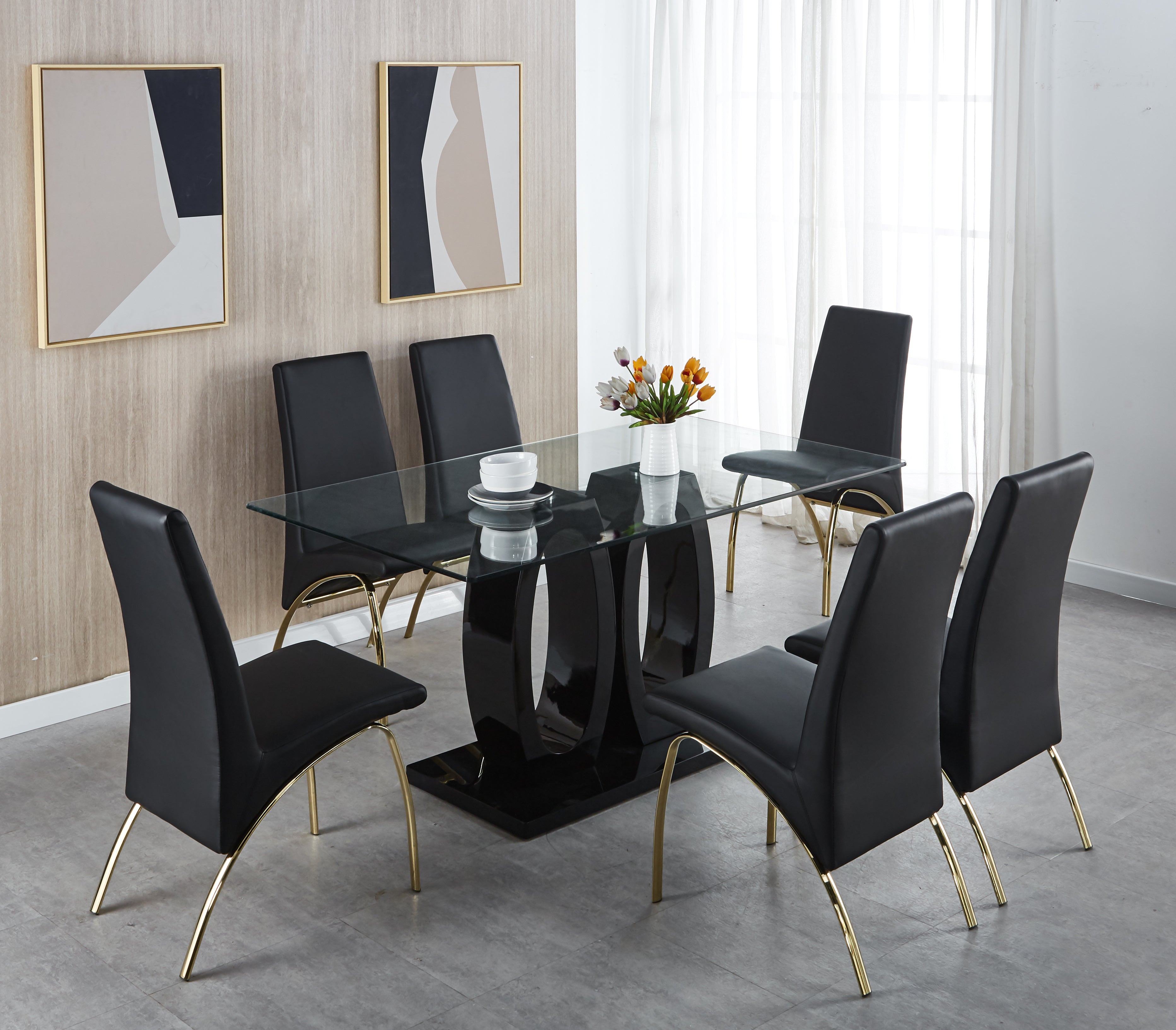 Contemporary Tempered Glass Top Double Pedestal Dining Table; size 63" x 35.4" x 29.5" (Black or White)
