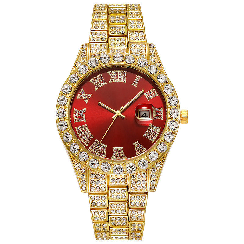 Full Diamond Roman Scale Steel Band Calendar Watch
